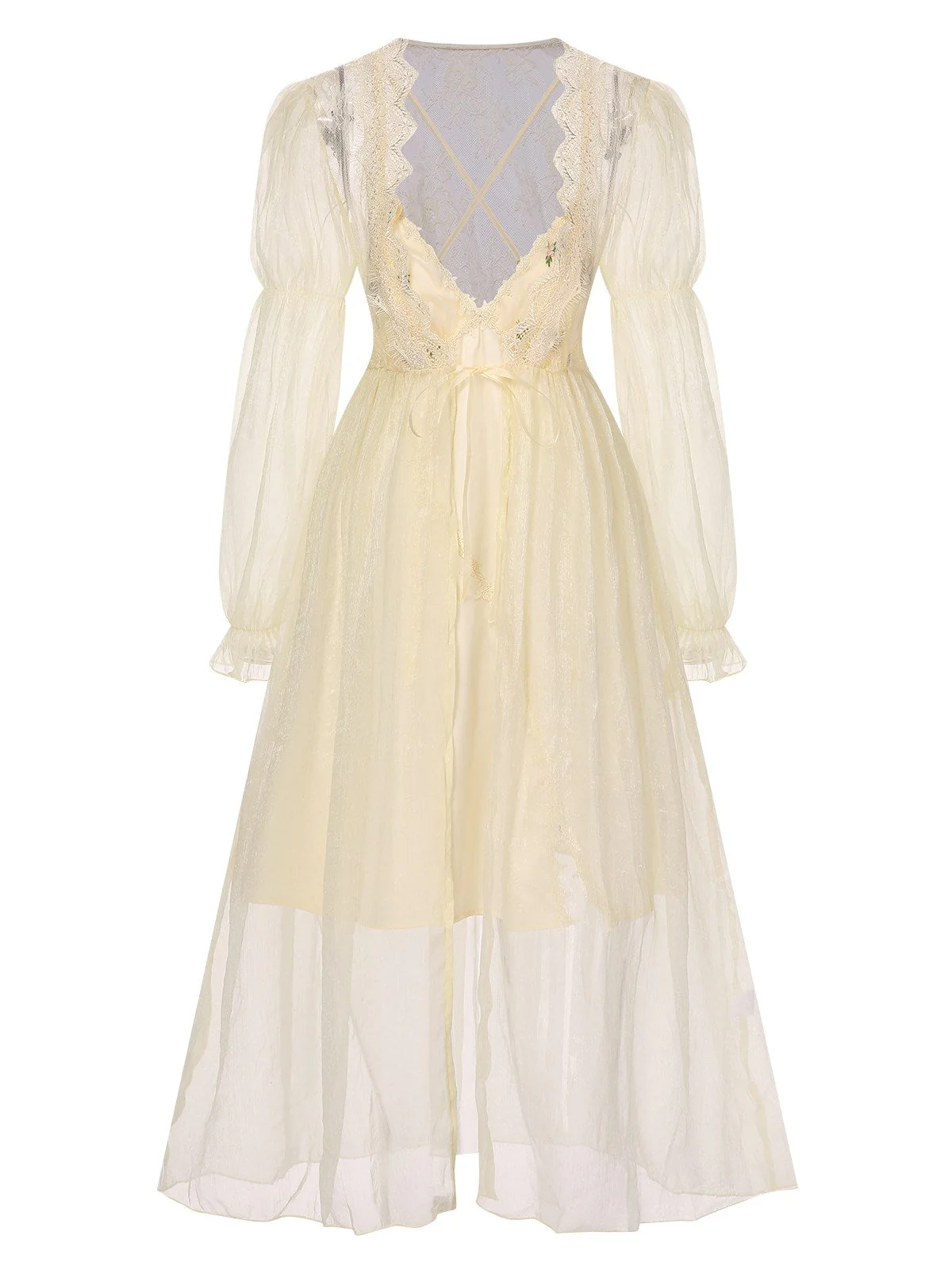 2PCS Aprikose 1950er Blumen Träger Schlitz Nachthemd & Robe - Image 3
