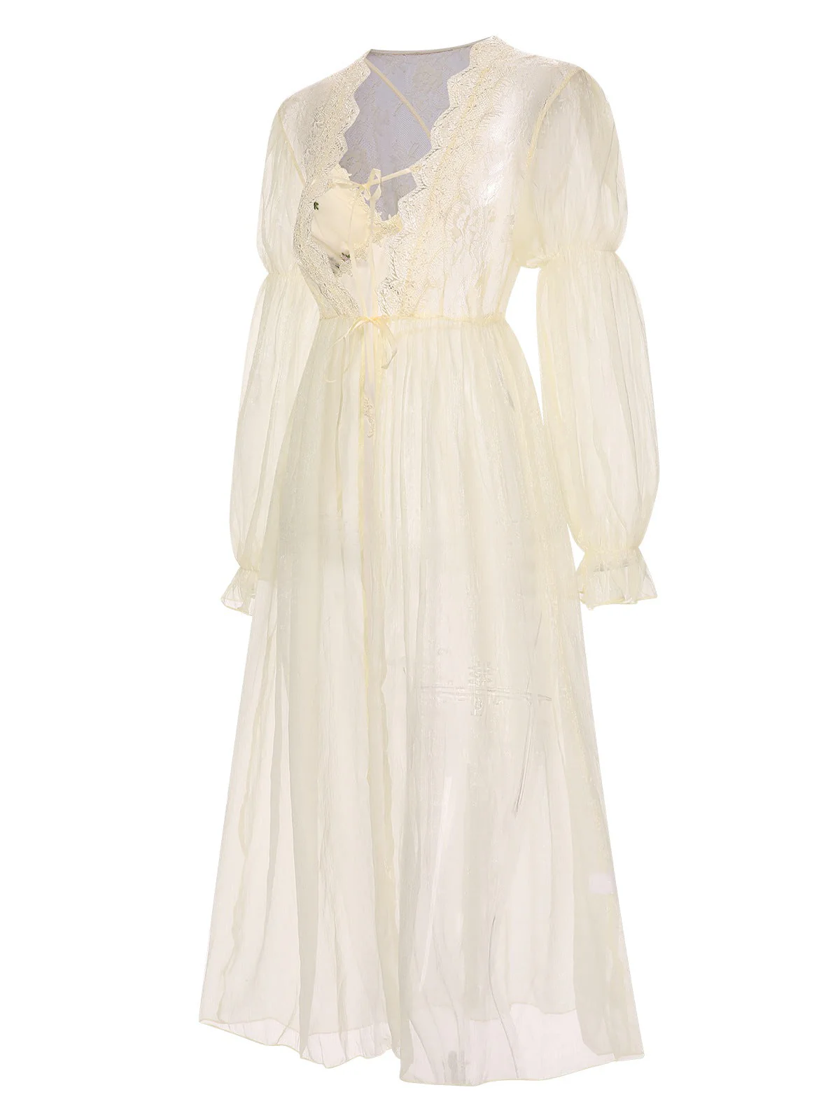 2PCS Aprikose 1950er Blumen Träger Schlitz Nachthemd & Robe - Image 6