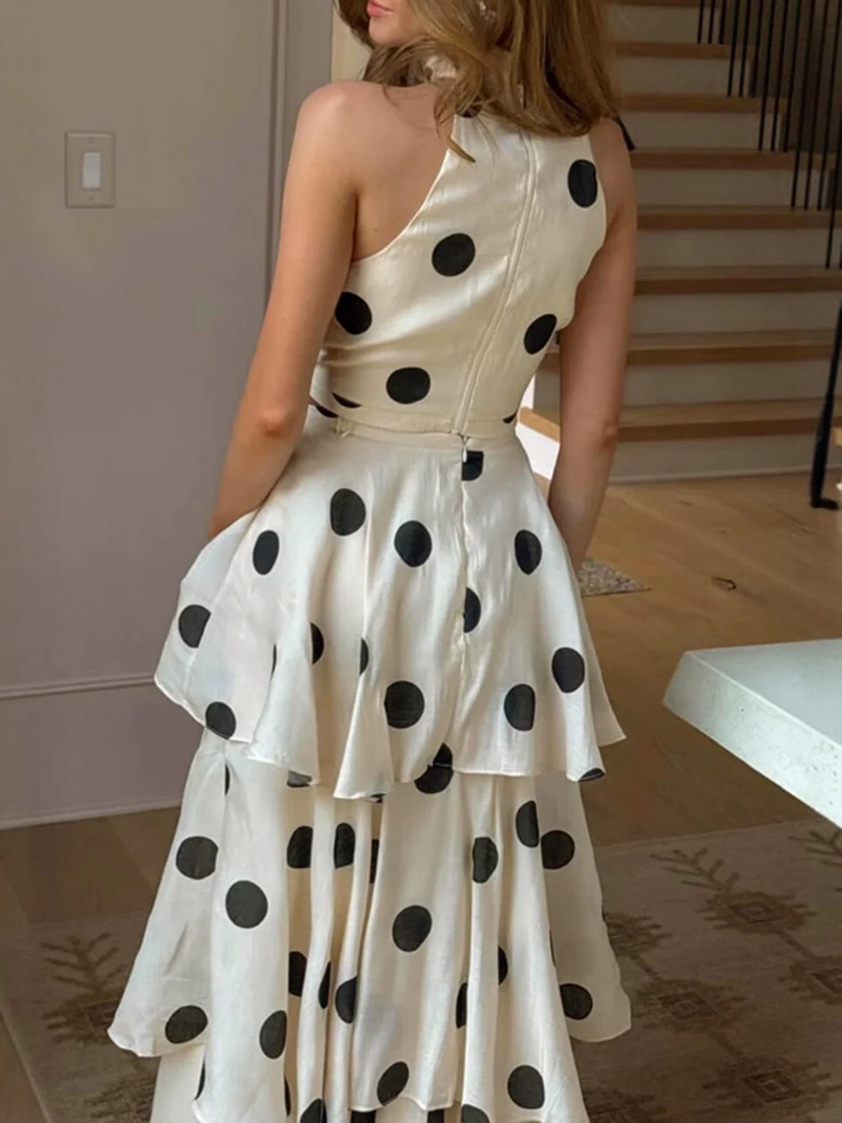 2PCS Beige 1930er Polka Dot Halter Ärmellos Top & Stufen Rock - Image 2