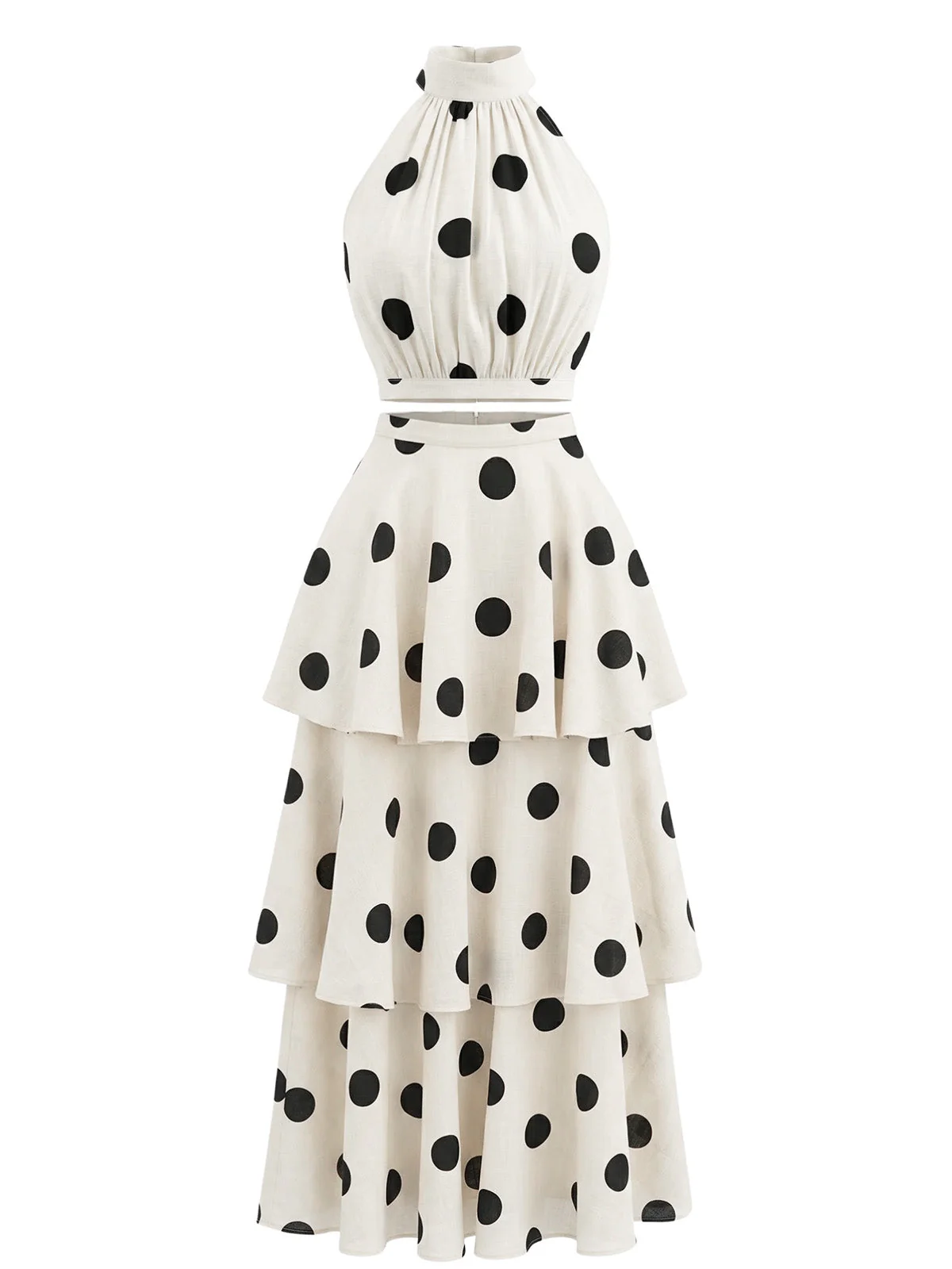 2PCS Beige 1930er Polka Dot Halter Ärmellos Top & Stufen Rock - Image 3