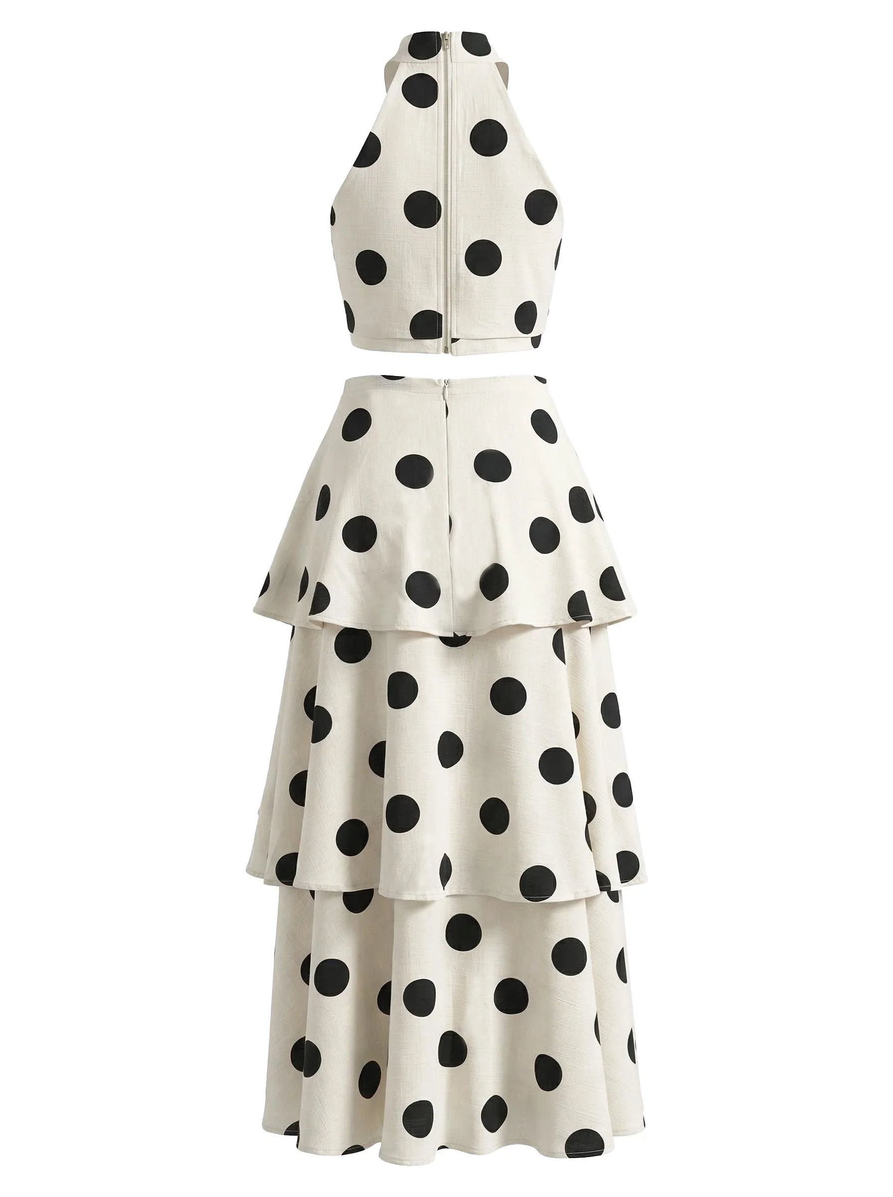 2PCS Beige 1930er Polka Dot Halter Ärmellos Top & Stufen Rock - Image 4