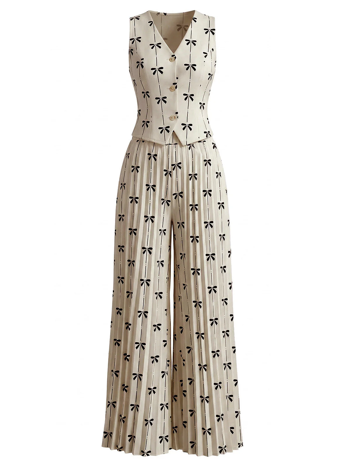 2PCS Beige 1940er Schleife Ärmellose Weste & Plissierte Hose - Image 2