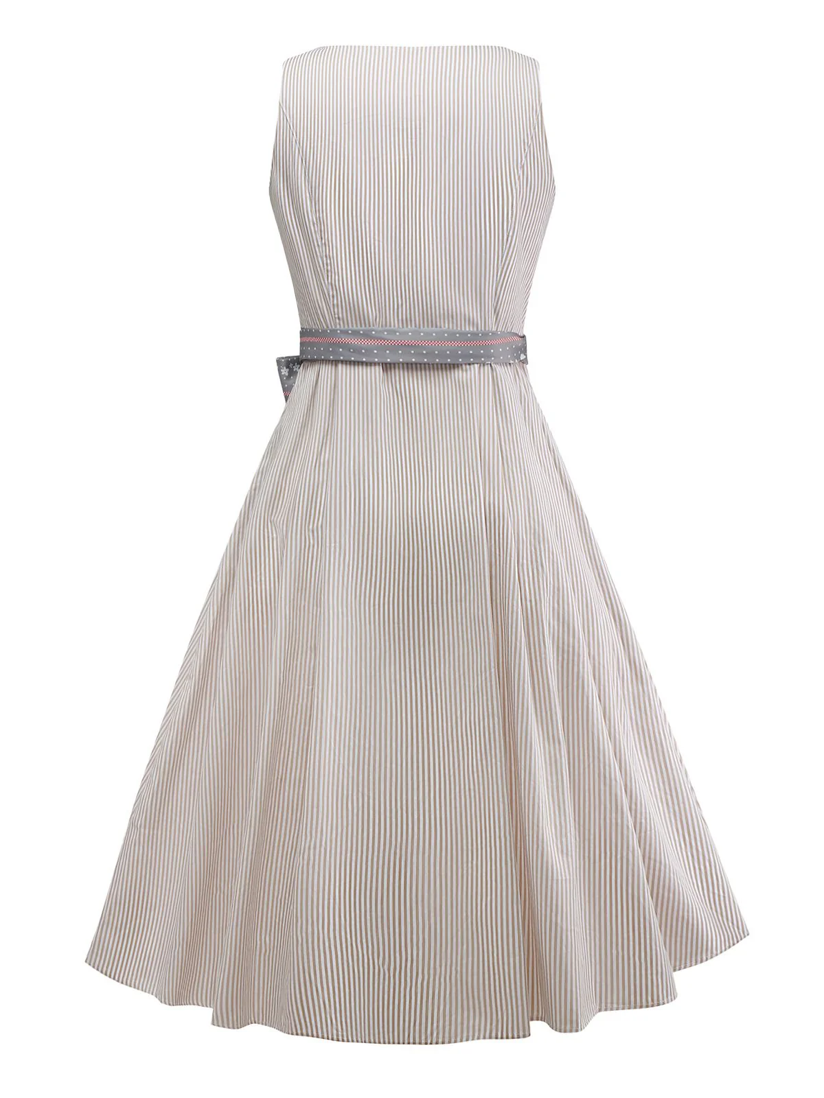 2PCS Beige 1950er Oktoberfest Dirndl Streifen Kleid & Blumen Schürze - Image 2