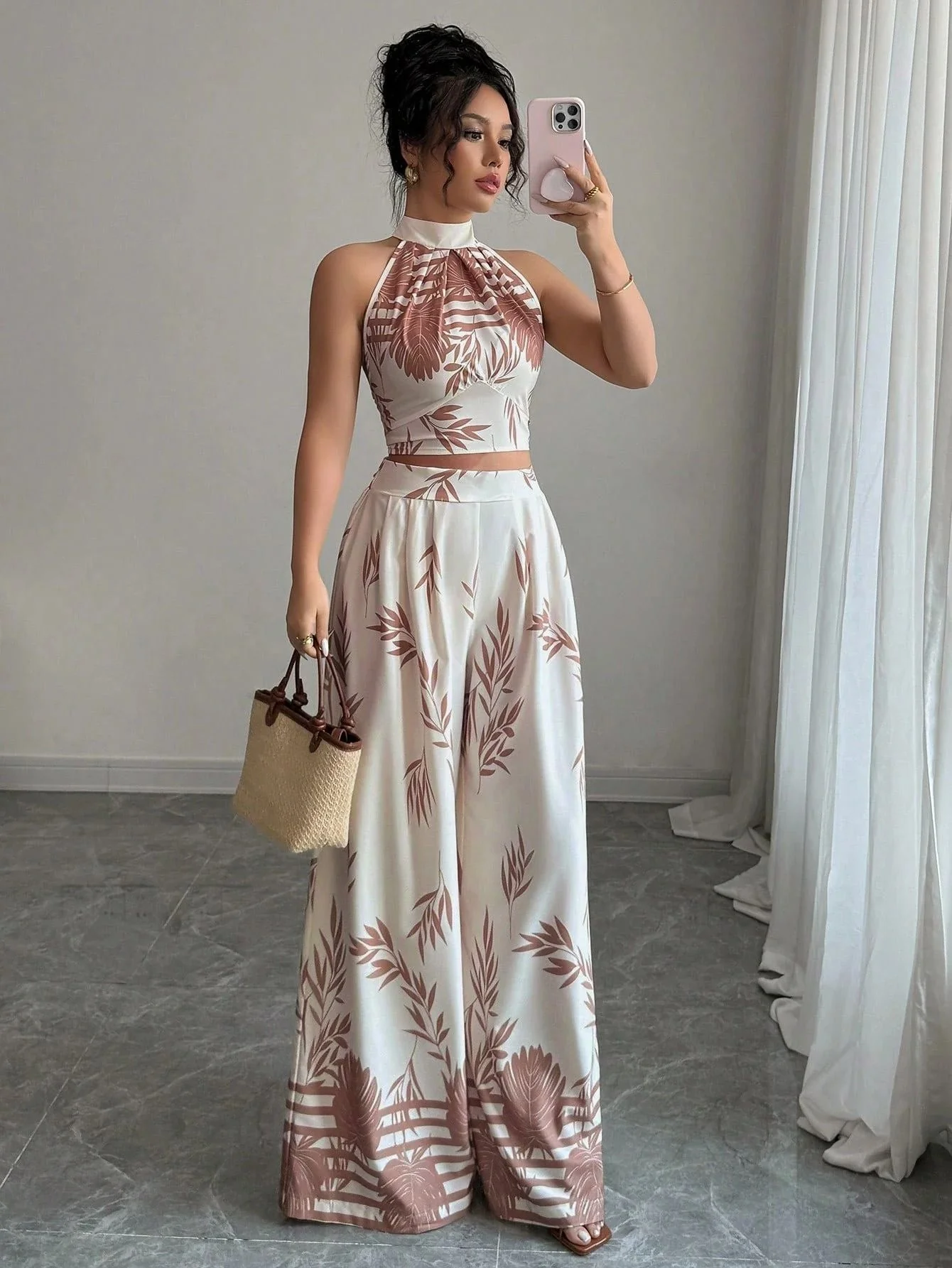 2PCS Beige 1970er Blatt Druck Halter Top & Weites Bein Hose - Image 2