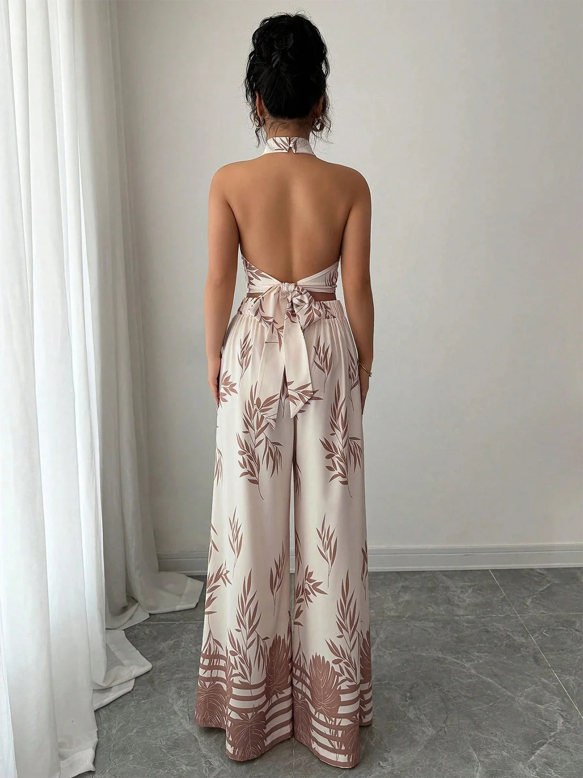 2PCS Beige 1970er Blatt Druck Halter Top & Weites Bein Hose - Image 7