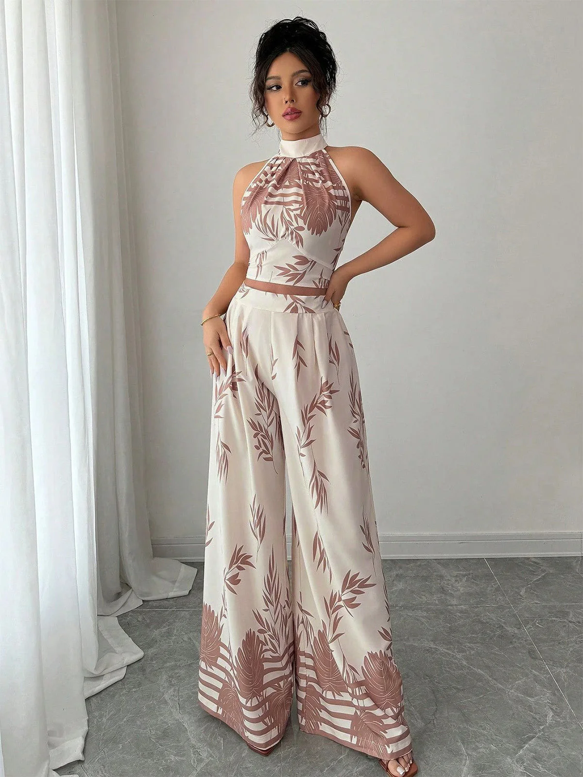 2PCS Beige 1970er Blatt Druck Halter Top & Weites Bein Hose - Image 8