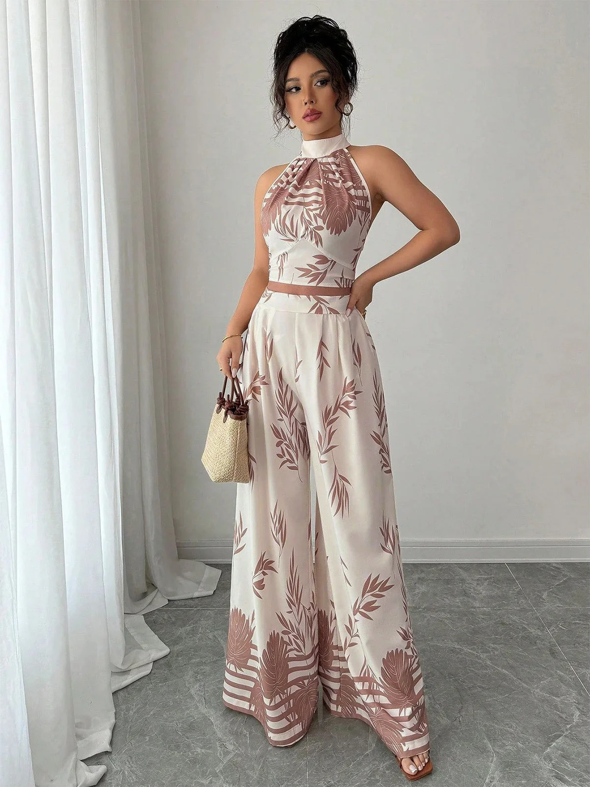 2PCS Beige 1970er Blatt Druck Halter Top & Weites Bein Hose - Image 9