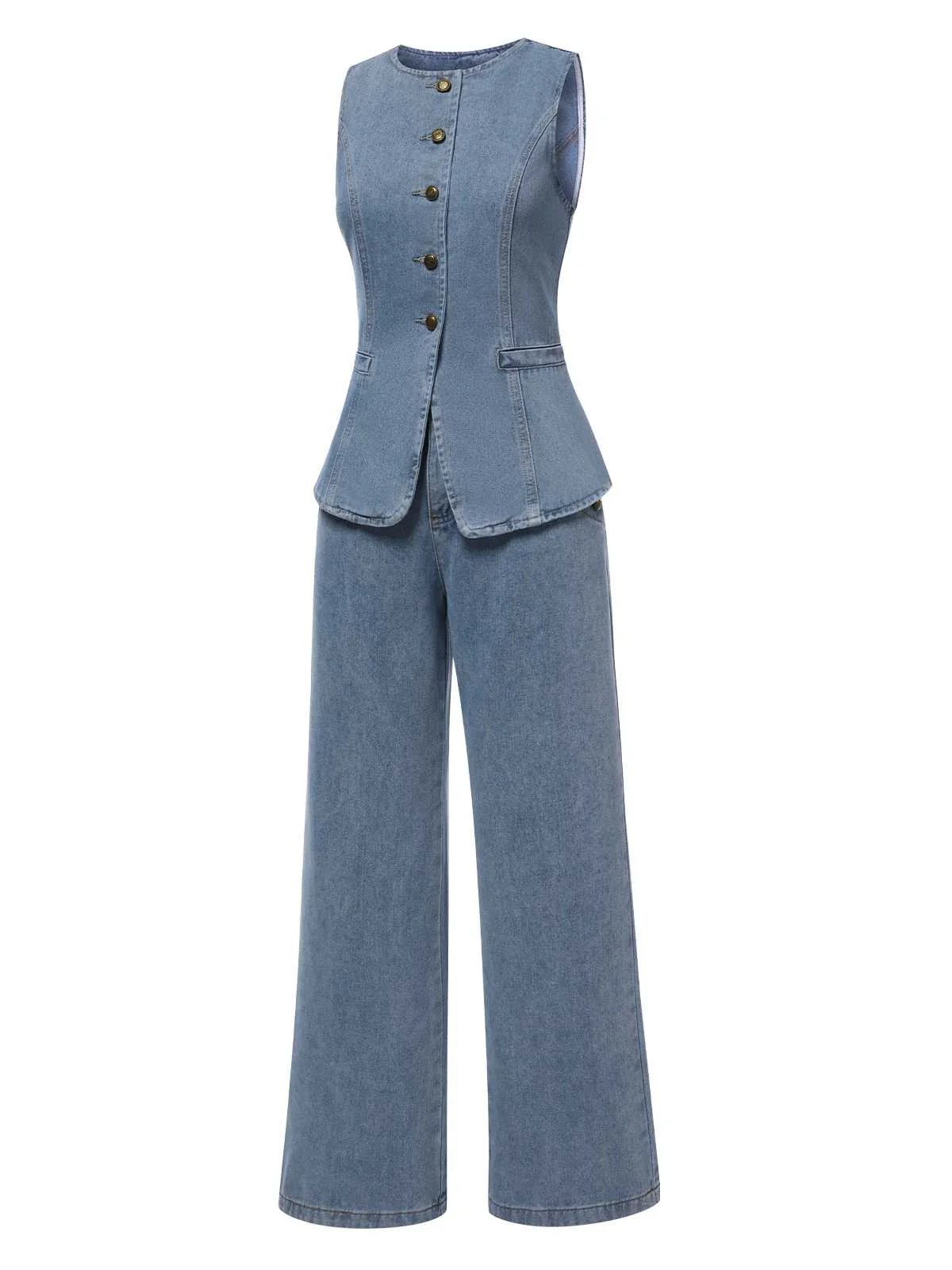2PCS Blau 1940er Ärmellos Weste & Weites-Bein Denim Jeans - Image 2