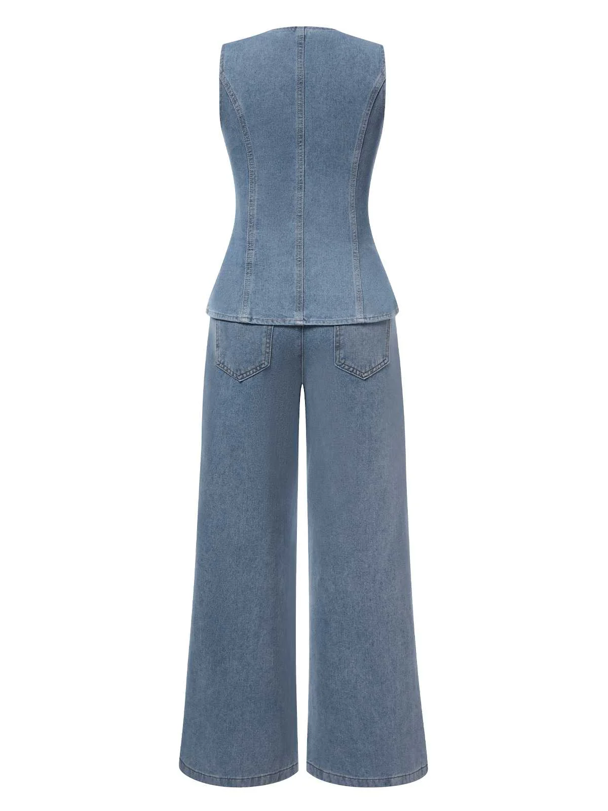 2PCS Blau 1940er Ärmellos Weste & Weites-Bein Denim Jeans - Image 3