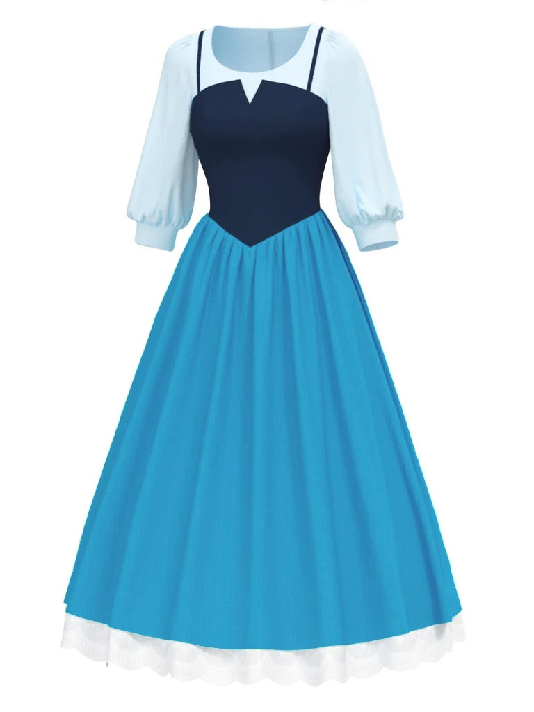 2PCS Blau 1940er Bluse & Farbblock Träger Kleid - Image 2