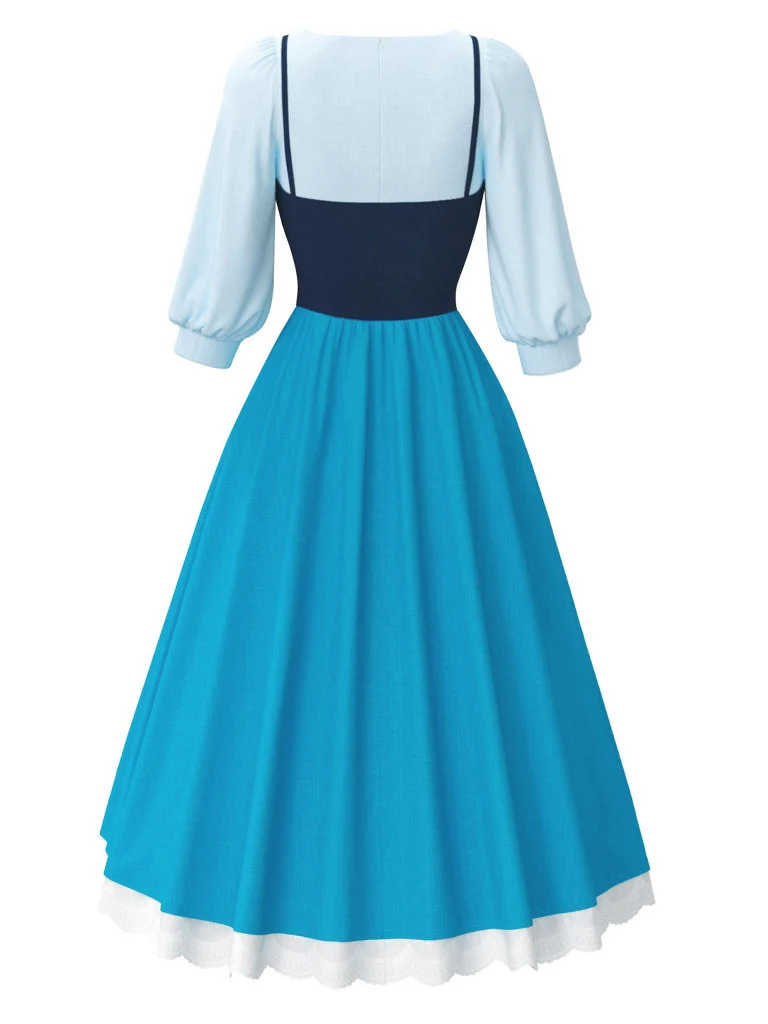 2PCS Blau 1940er Bluse & Farbblock Träger Kleid - Image 3
