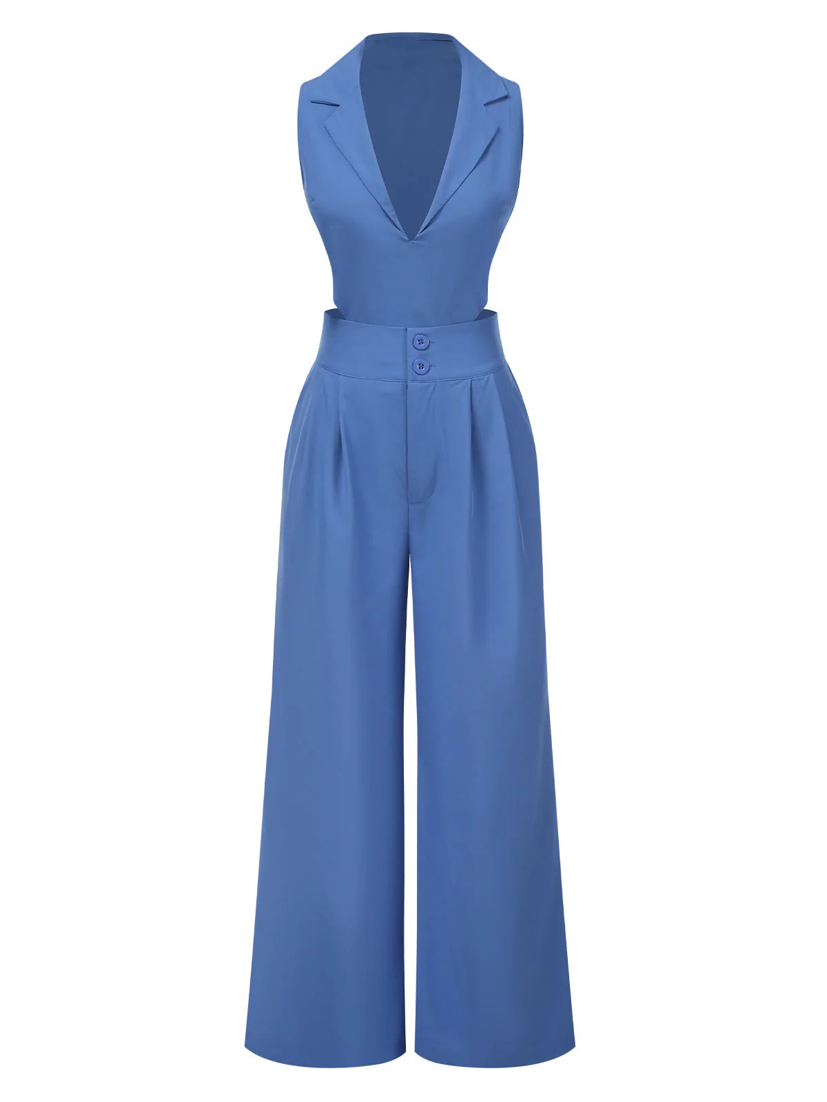 2PCS Blau 1940er Solide Top & Weites-Bein Hosen