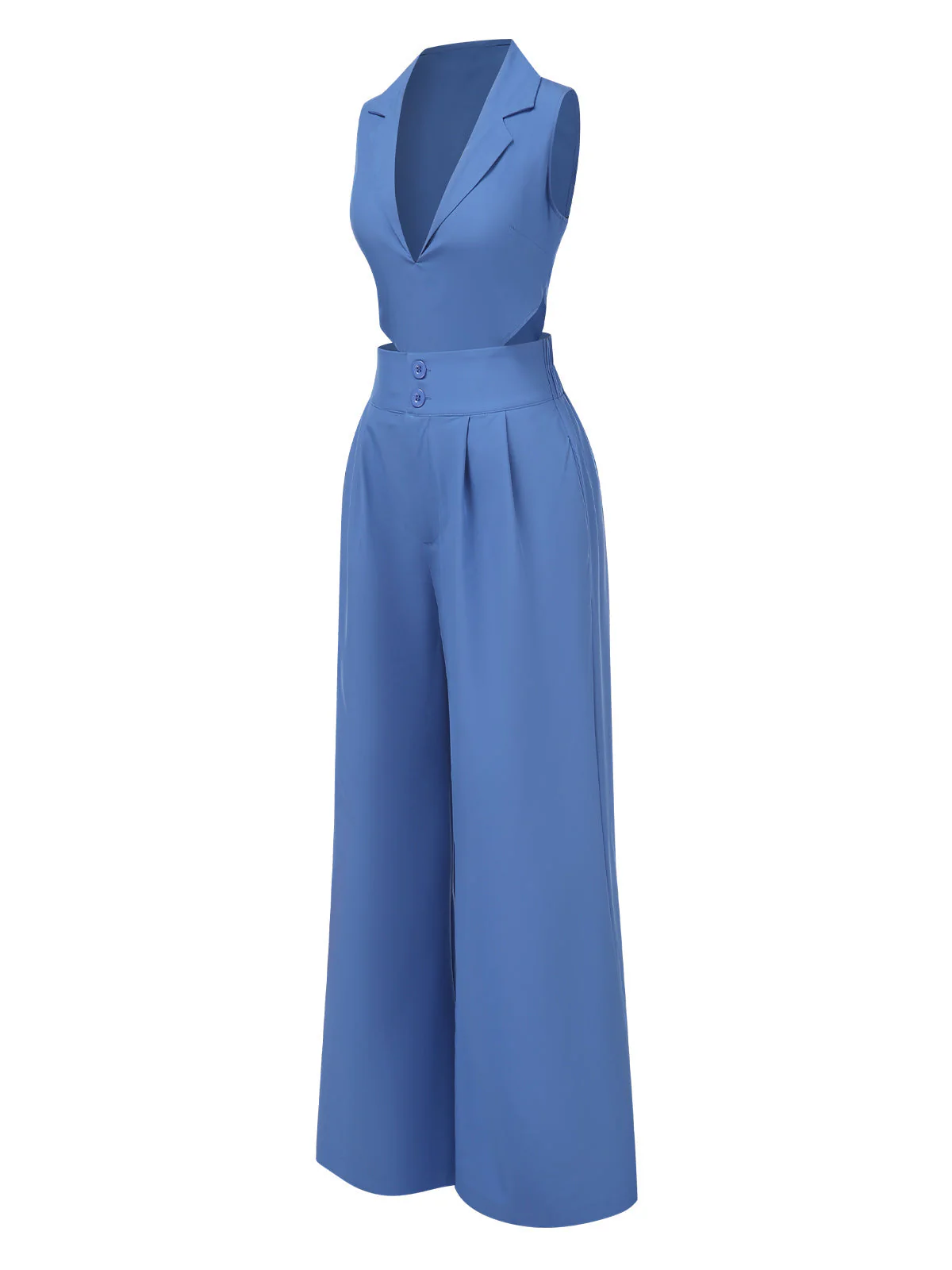2PCS Blau 1940er Solide Top & Weites-Bein Hosen - Image 2