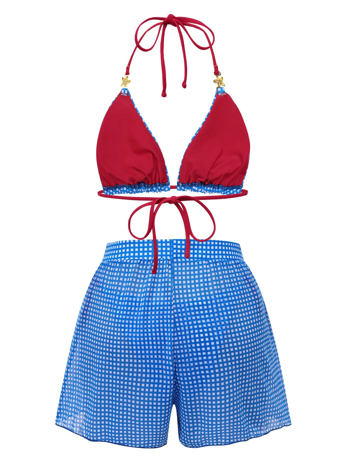 2PCS Blau 1950er Halter Plaid Legierungsstern Bikini Set & Shorts - Image 5