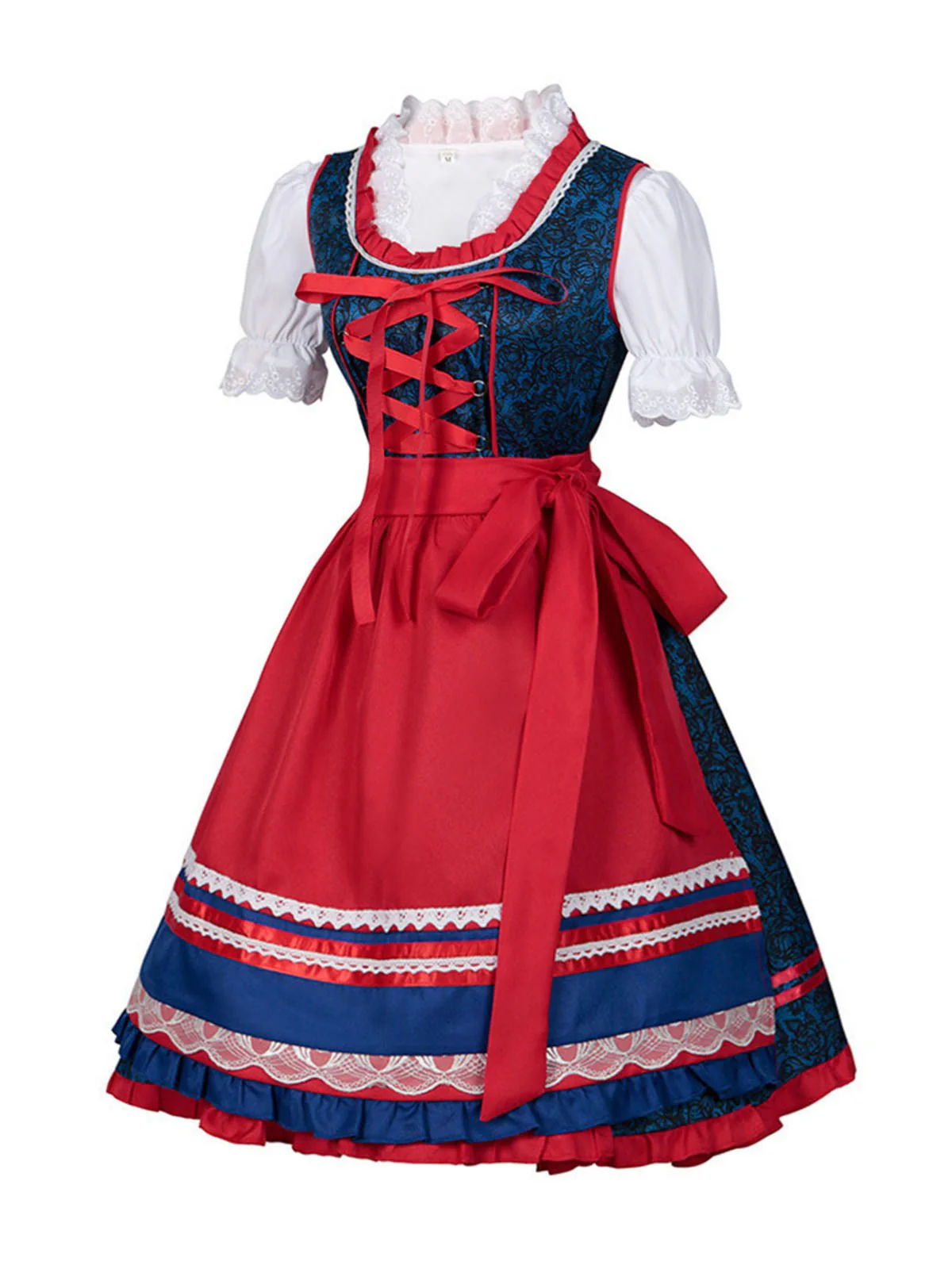 2PCS Blau 1950er Oktoberfest Dirndl Kleid & Rot Schürze - Image 2
