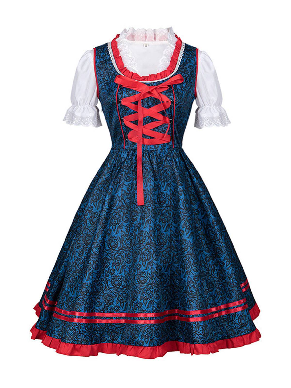 2PCS Blau 1950er Oktoberfest Dirndl Kleid & Rot Schürze - Image 4