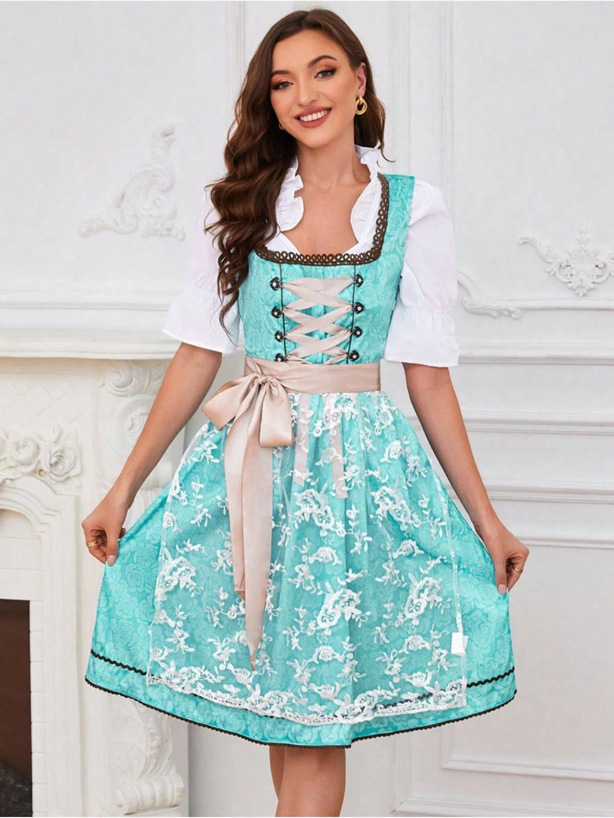 2PCS Blau 1950er Oktoberfest Blumen Jacquard Kleid & Besticktes Schürze - Image 3