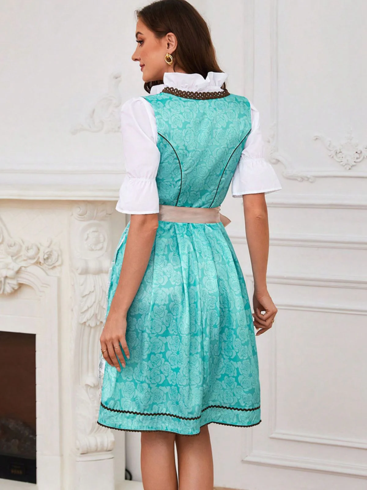 2PCS Blau 1950er Oktoberfest Blumen Jacquard Kleid & Besticktes Schürze - Image 4