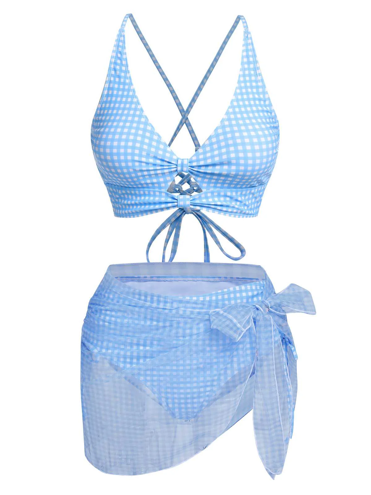 2PCS Blau 1950er Plaids Badeanzug & Masche Cover-Up - Image 3