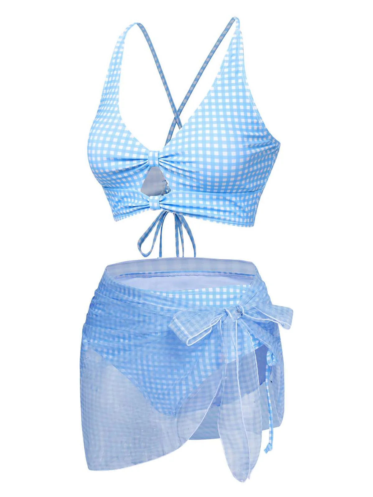 2PCS Blau 1950er Plaids Badeanzug & Masche Cover-Up - Image 4