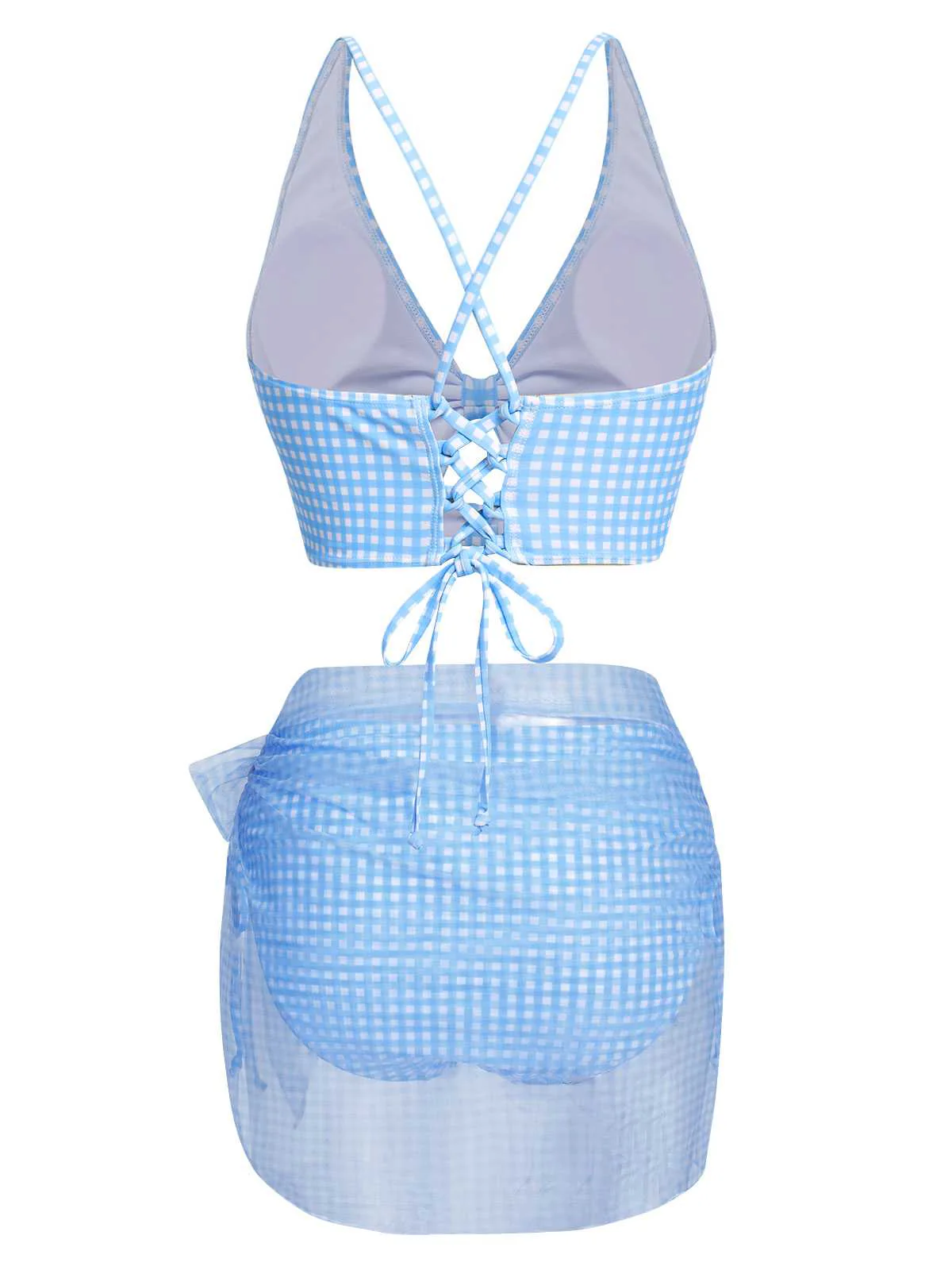 2PCS Blau 1950er Plaids Badeanzug & Masche Cover-Up - Image 5