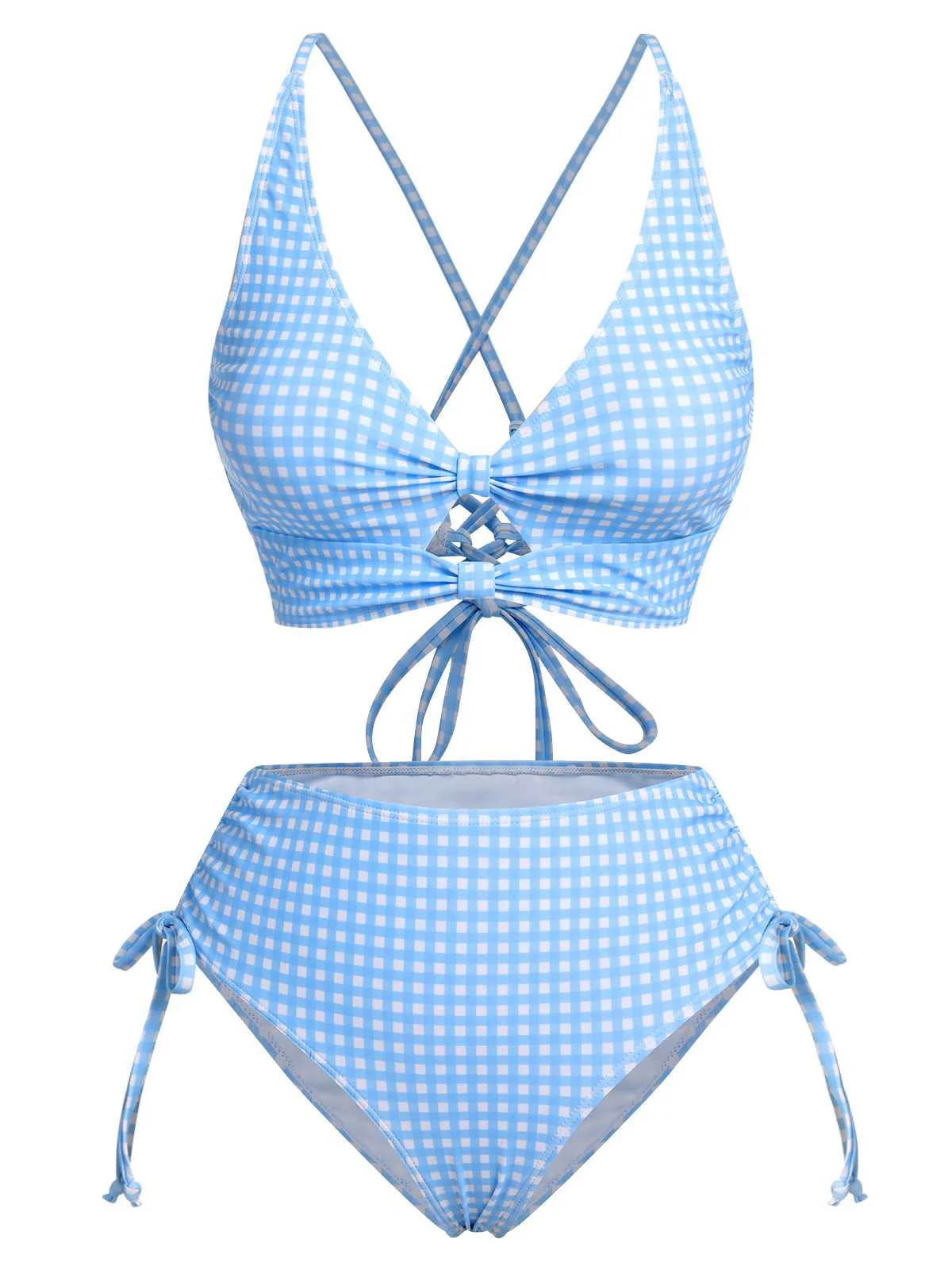2PCS Blau 1950er Plaids Badeanzug & Masche Cover-Up - Image 6