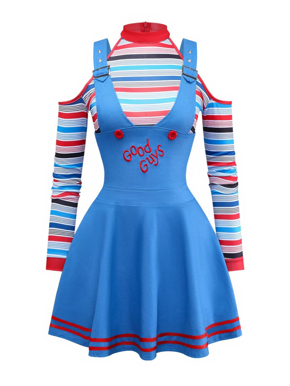 2PCS Blau 1960er Halloween Chucky Kostüm Streifen Top & Breite Träger Kleid - Image 2