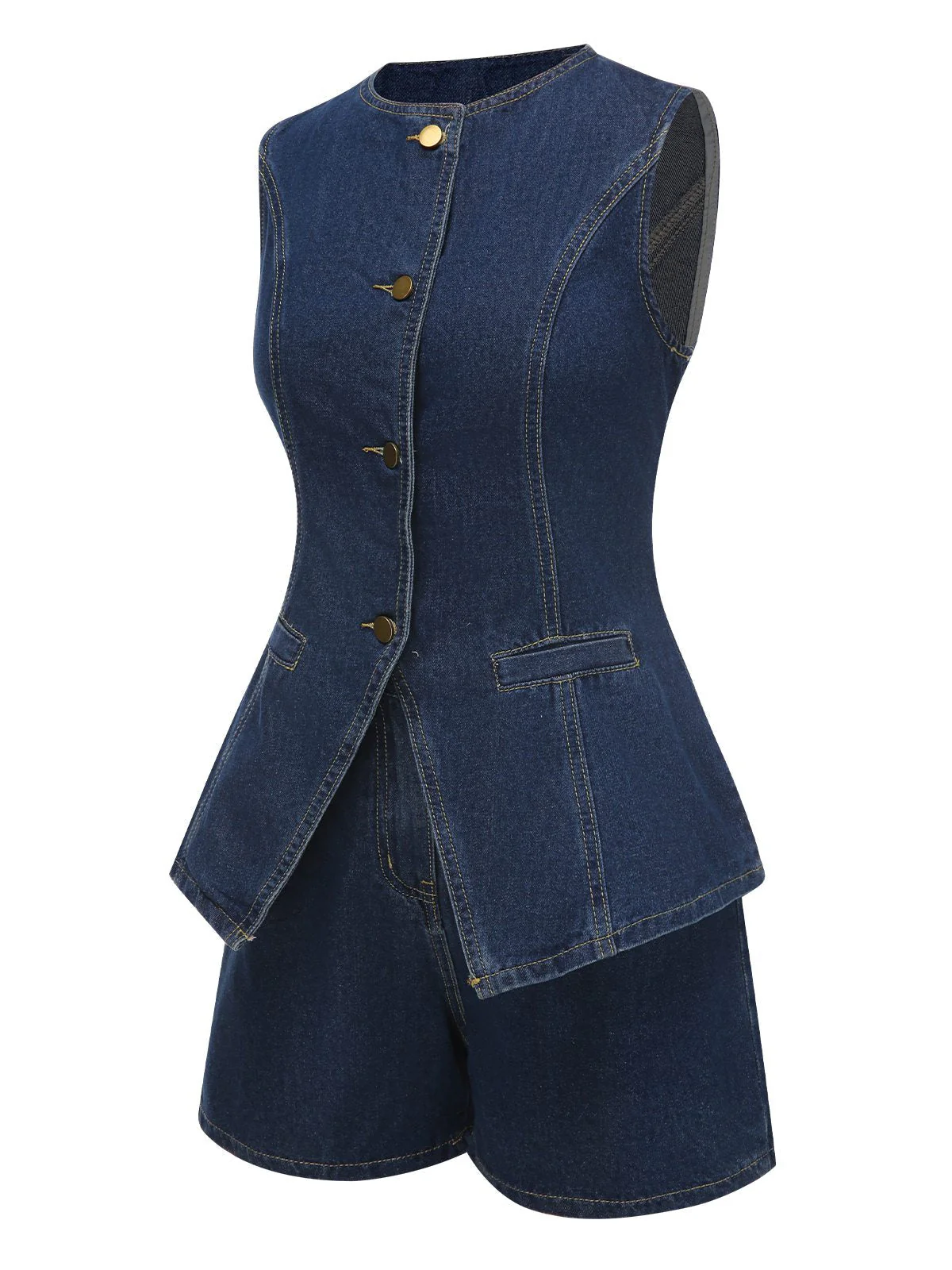 2PCS Blau 1960er Solide Geknöpft Denim Weste & Shorts - Image 2