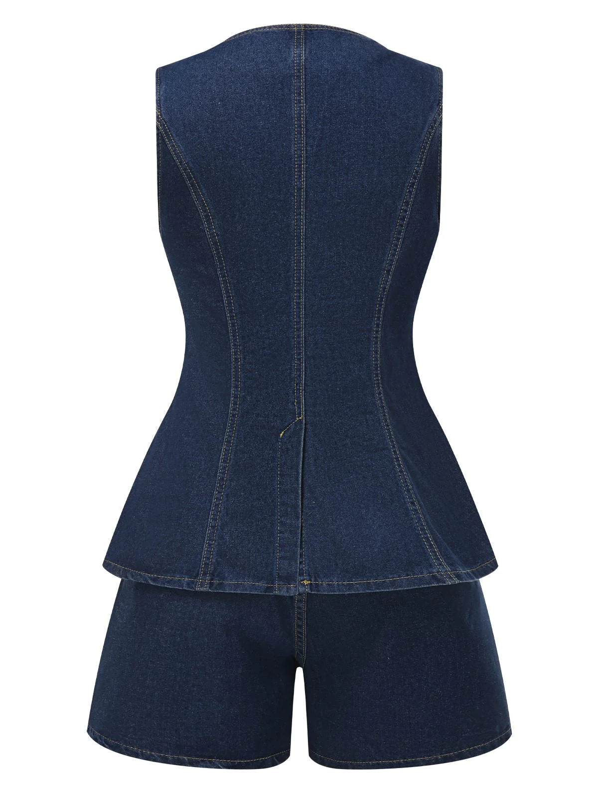2PCS Blau 1960er Solide Geknöpft Denim Weste & Shorts - Image 3