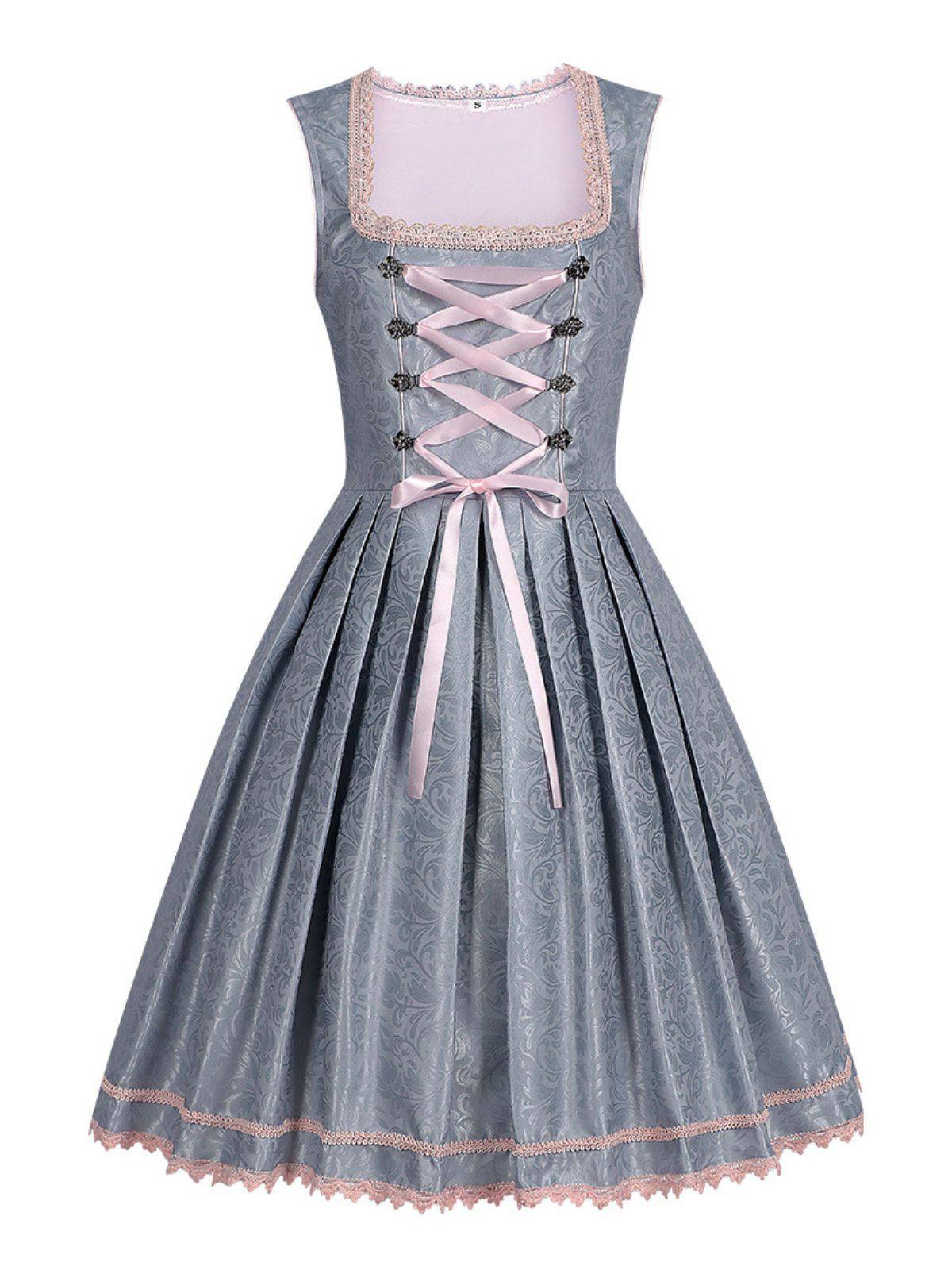 2PCS Blaugrau 1950er Oktoberfest Dirndl Blumen Kleid & Stickerei Schürze - Image 2