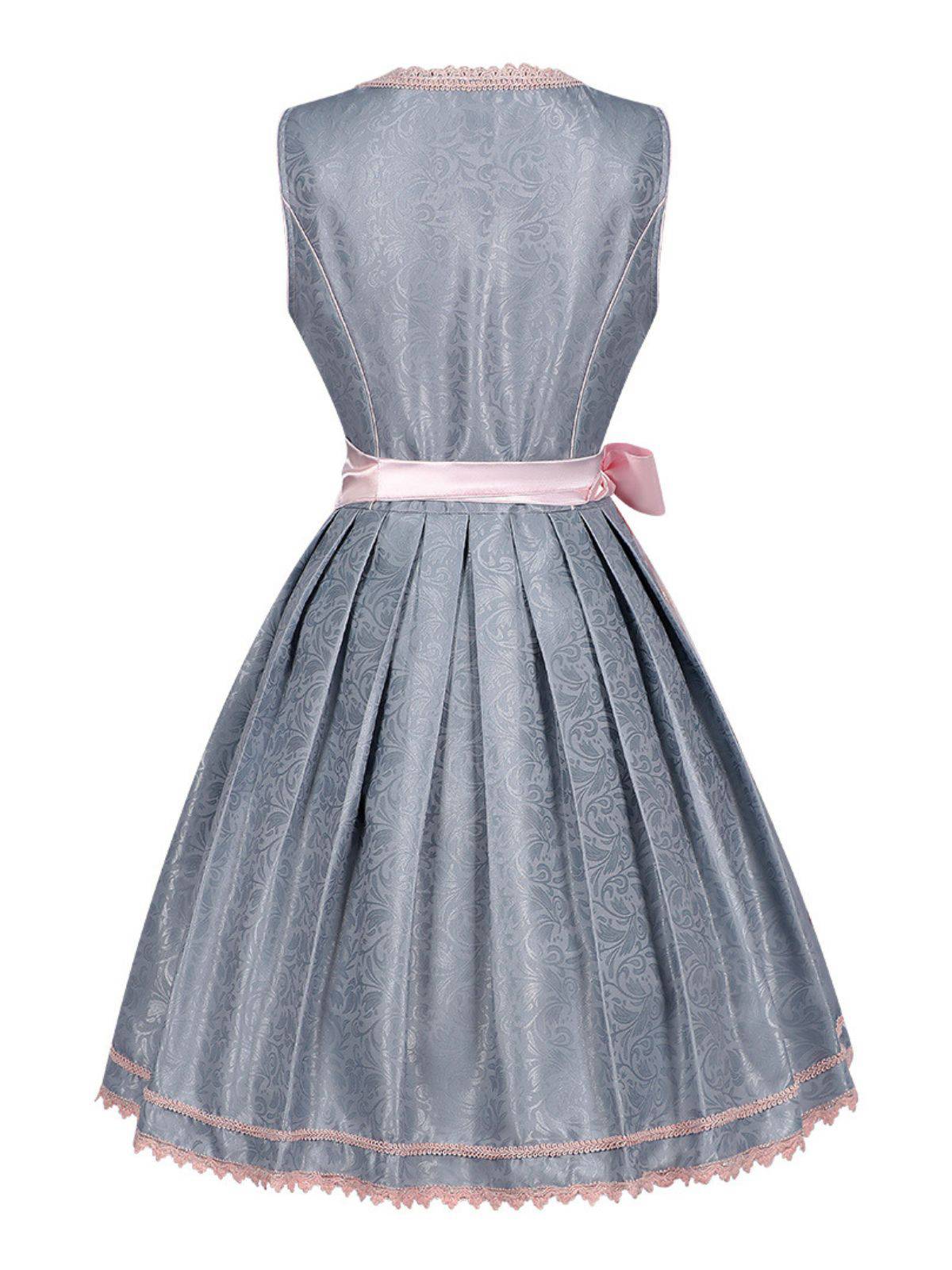 2PCS Blaugrau 1950er Oktoberfest Dirndl Blumen Kleid & Stickerei Schürze - Image 3