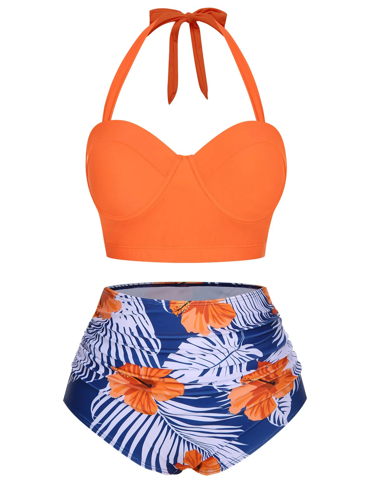 Orange 1940s Halter Blumen Gerafft Bikini Set - Image 2