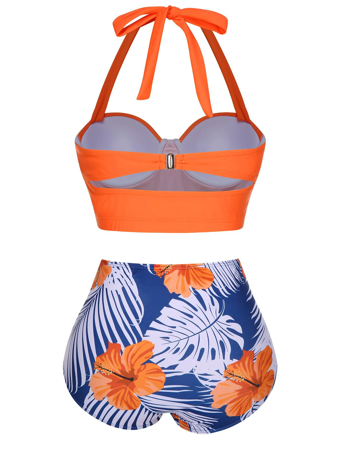 Orange 1940s Halter Blumen Gerafft Bikini Set - Image 3