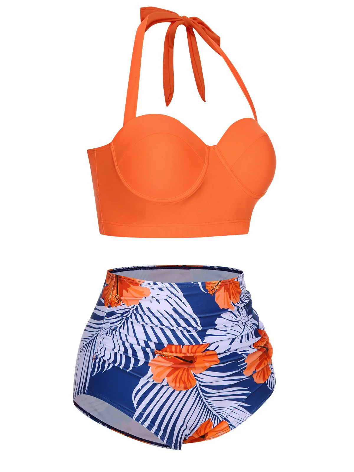 Orange 1940s Halter Blumen Gerafft Bikini Set - Image 4