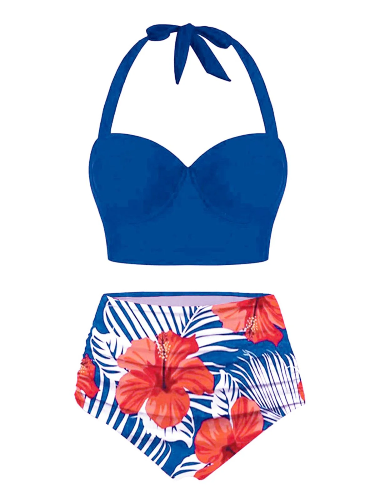 Orange 1940s Halter Blumen Gerafft Bikini Set - Image 8