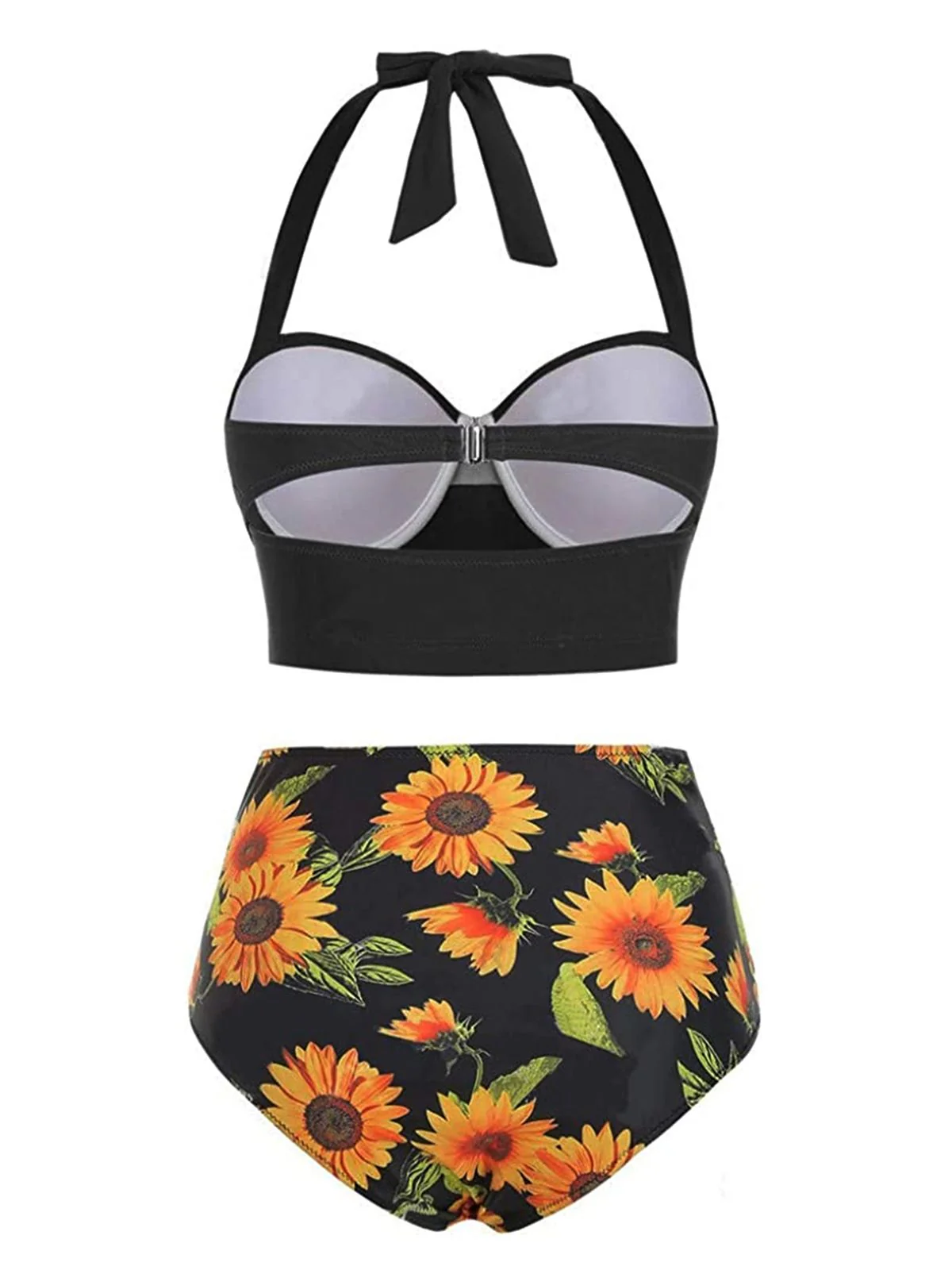 Schwarz 1950er Halter Sonnenblumen Gerafft Bikini Set - Image 2