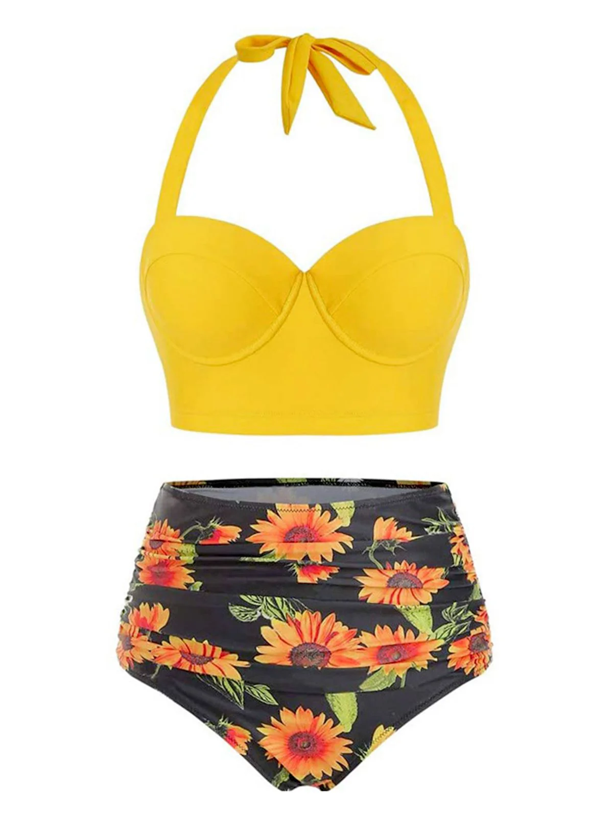 Schwarz 1950er Halter Sonnenblumen Gerafft Bikini Set - Image 3