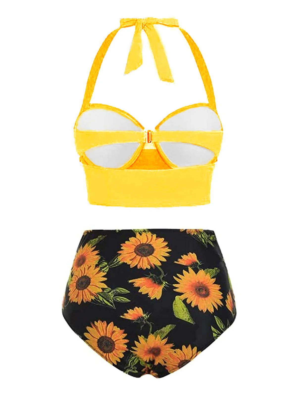 Schwarz 1950er Halter Sonnenblumen Gerafft Bikini Set - Image 4