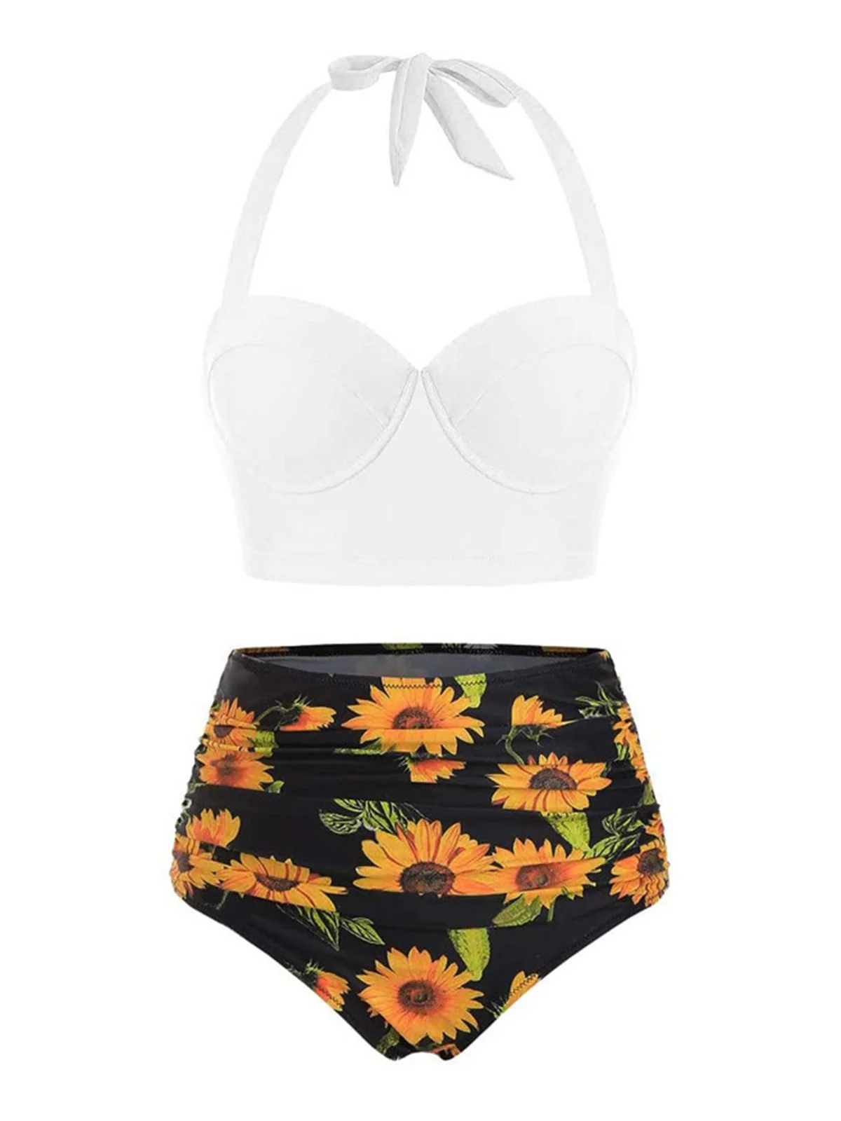 Schwarz 1950er Halter Sonnenblumen Gerafft Bikini Set - Image 5