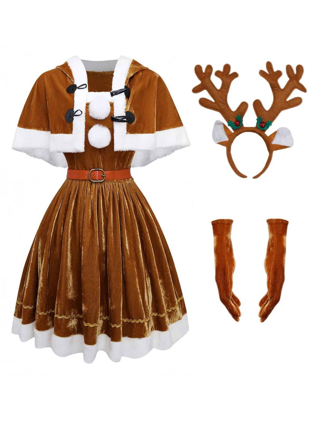 2PCS Braun 1940er Weihnachtselch Cape & Samt Kleid