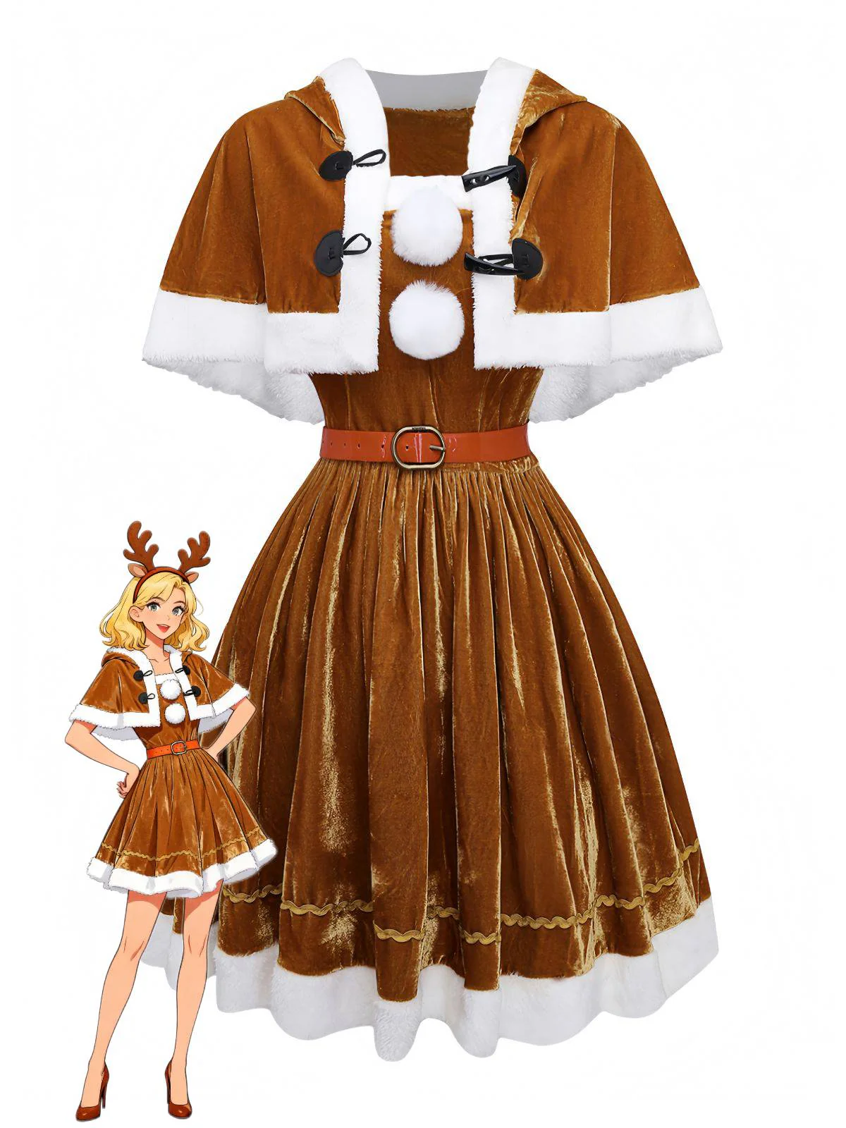 2PCS Braun 1940er Weihnachtselch Cape & Samt Kleid - Image 2