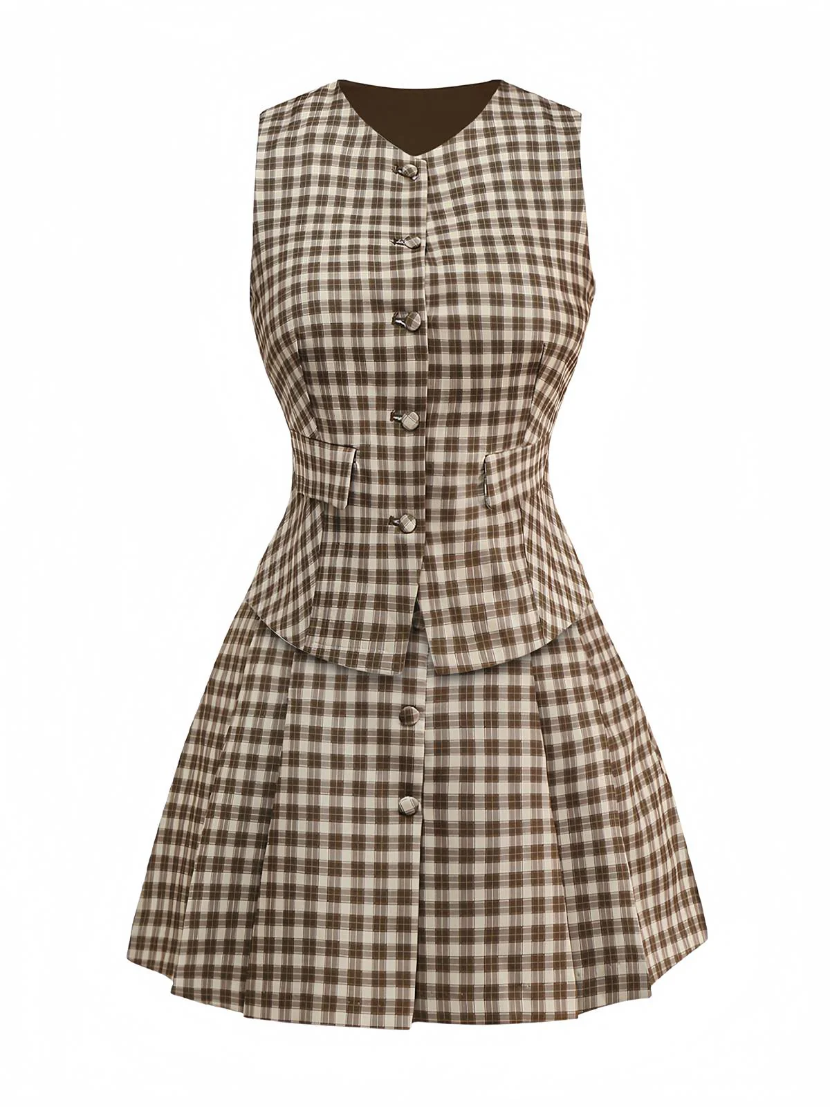 2PCS Braun 1960er Gingham Plaid Plissiertes Weste & Rock