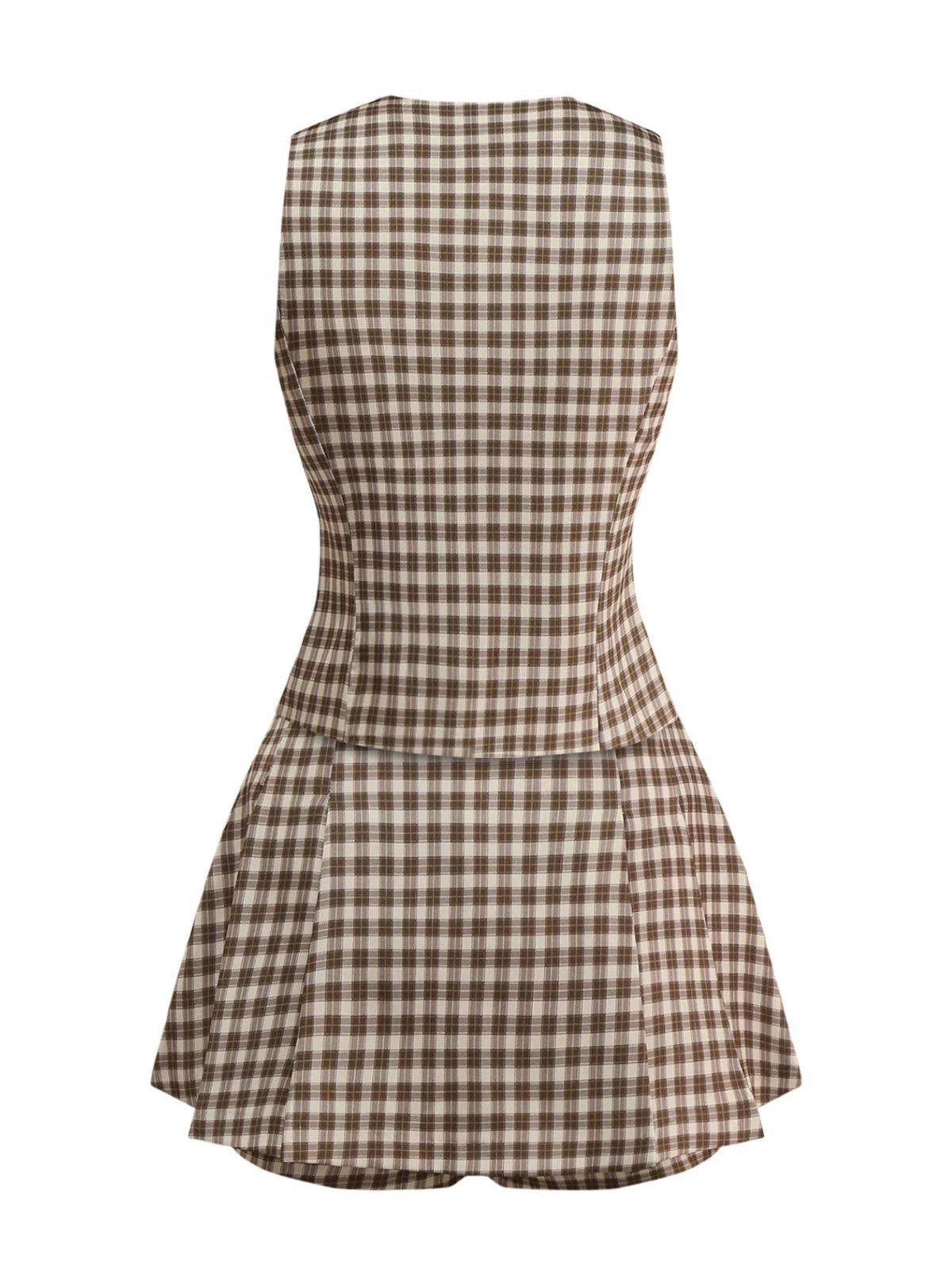 2PCS Braun 1960er Gingham Plaid Plissiertes Weste & Rock - Image 2