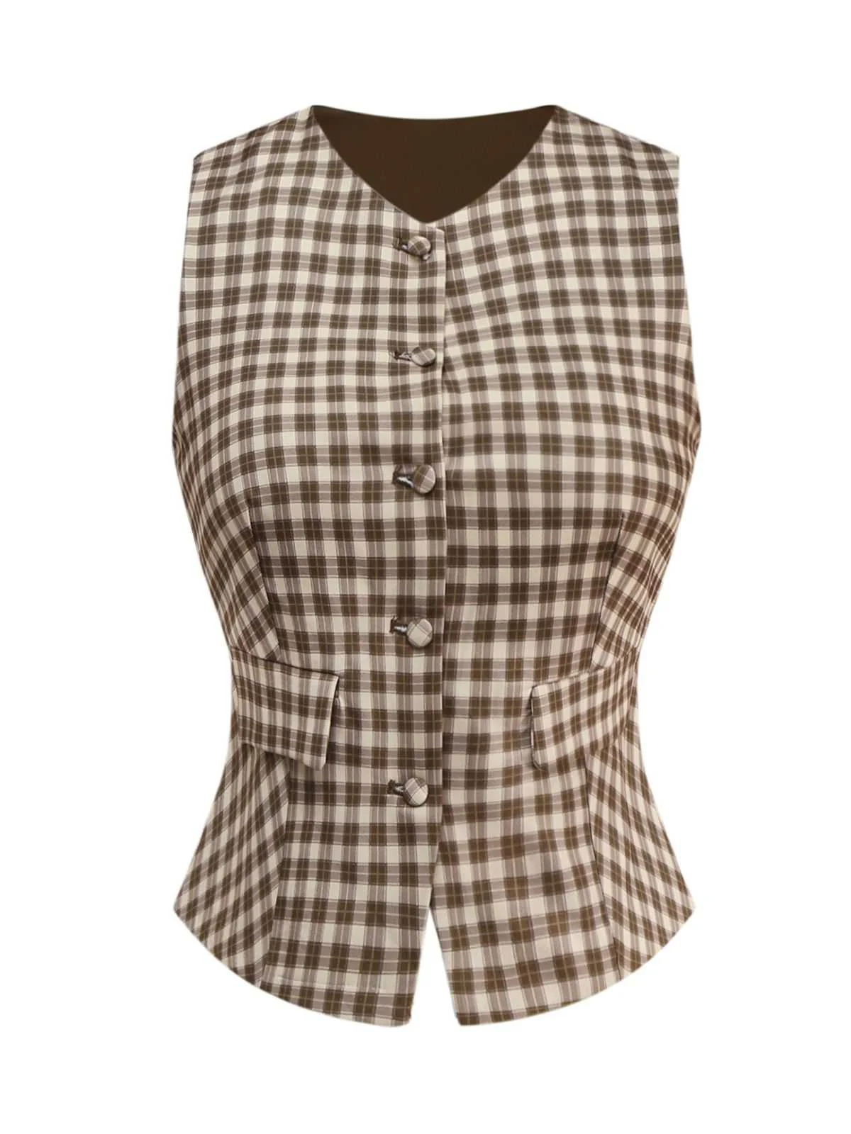 2PCS Braun 1960er Gingham Plaid Plissiertes Weste & Rock - Image 3