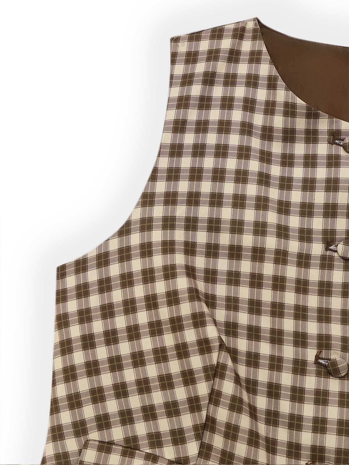 2PCS Braun 1960er Gingham Plaid Plissiertes Weste & Rock - Image 6