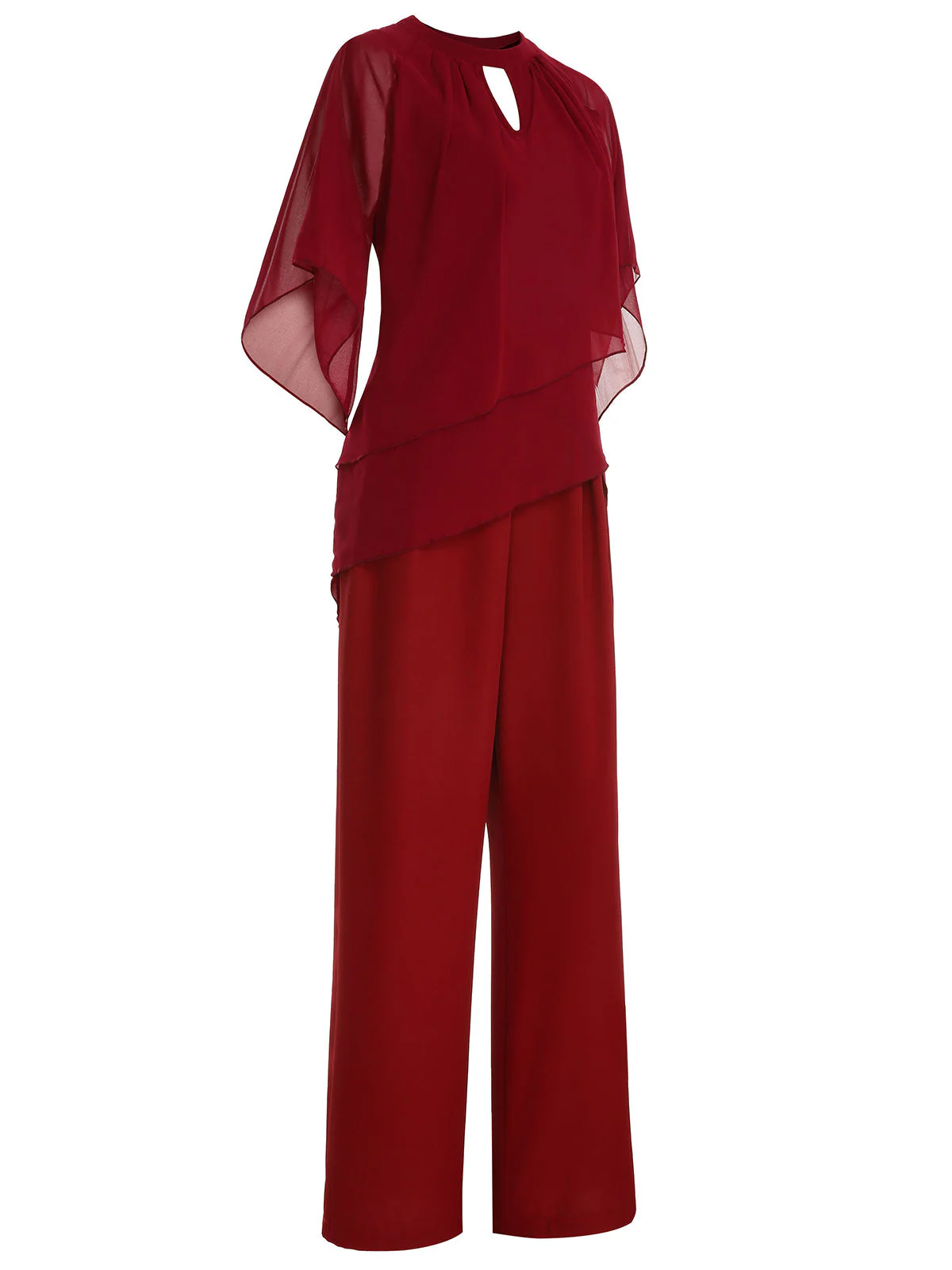 2PCS Burgundy 1950s Keyhole Sheer Stiching Top & Solid Pants - Image 3