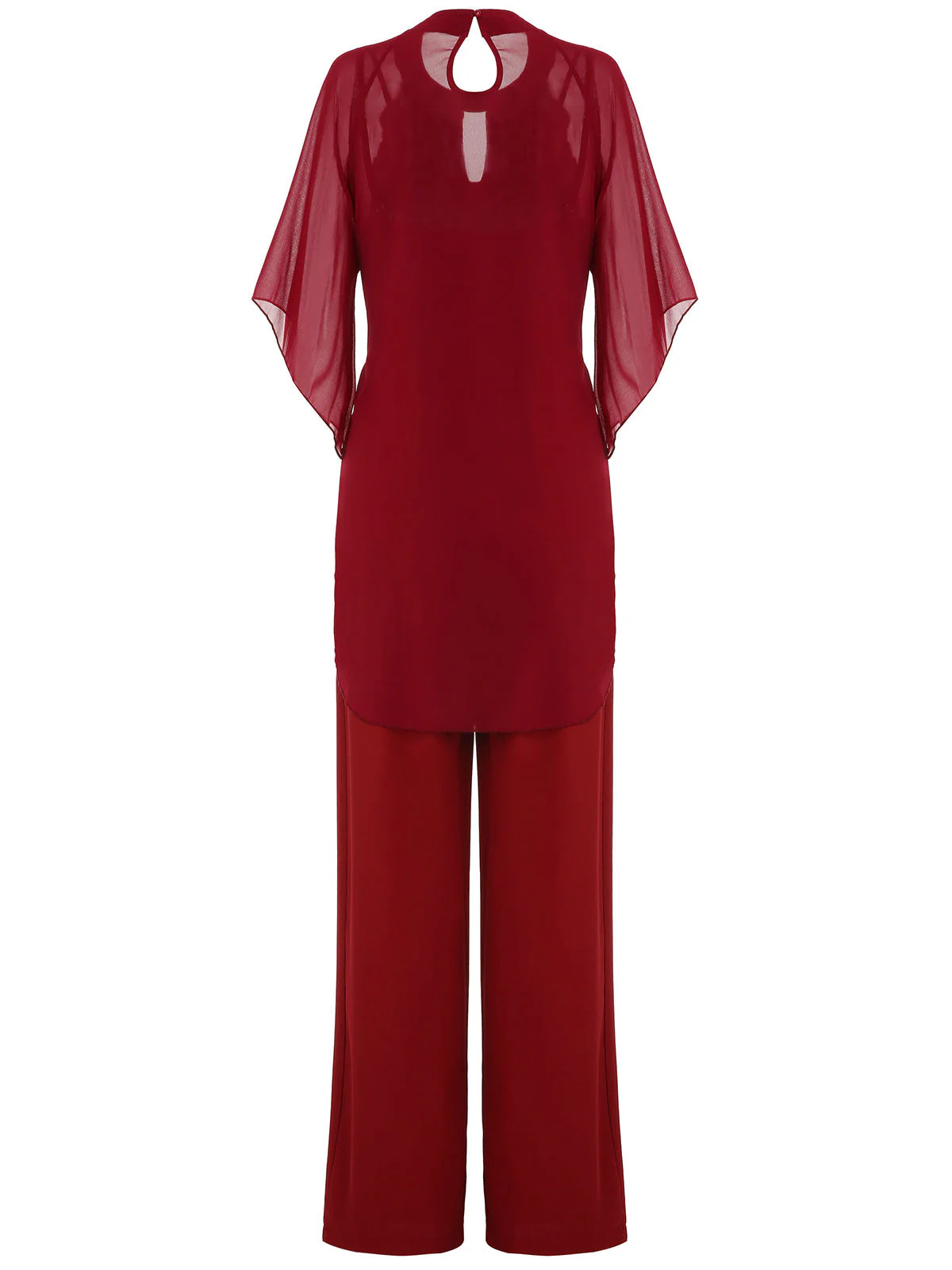 2PCS Burgundy 1950s Keyhole Sheer Stiching Top & Solid Pants - Image 4