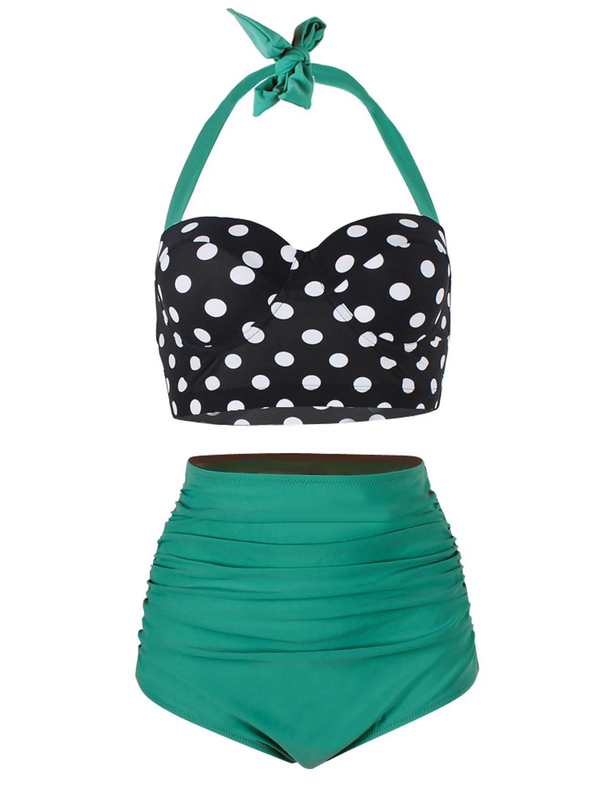 Gelb 1950er Polka Dot Neckholder Plissiert Bikini Set - Image 4