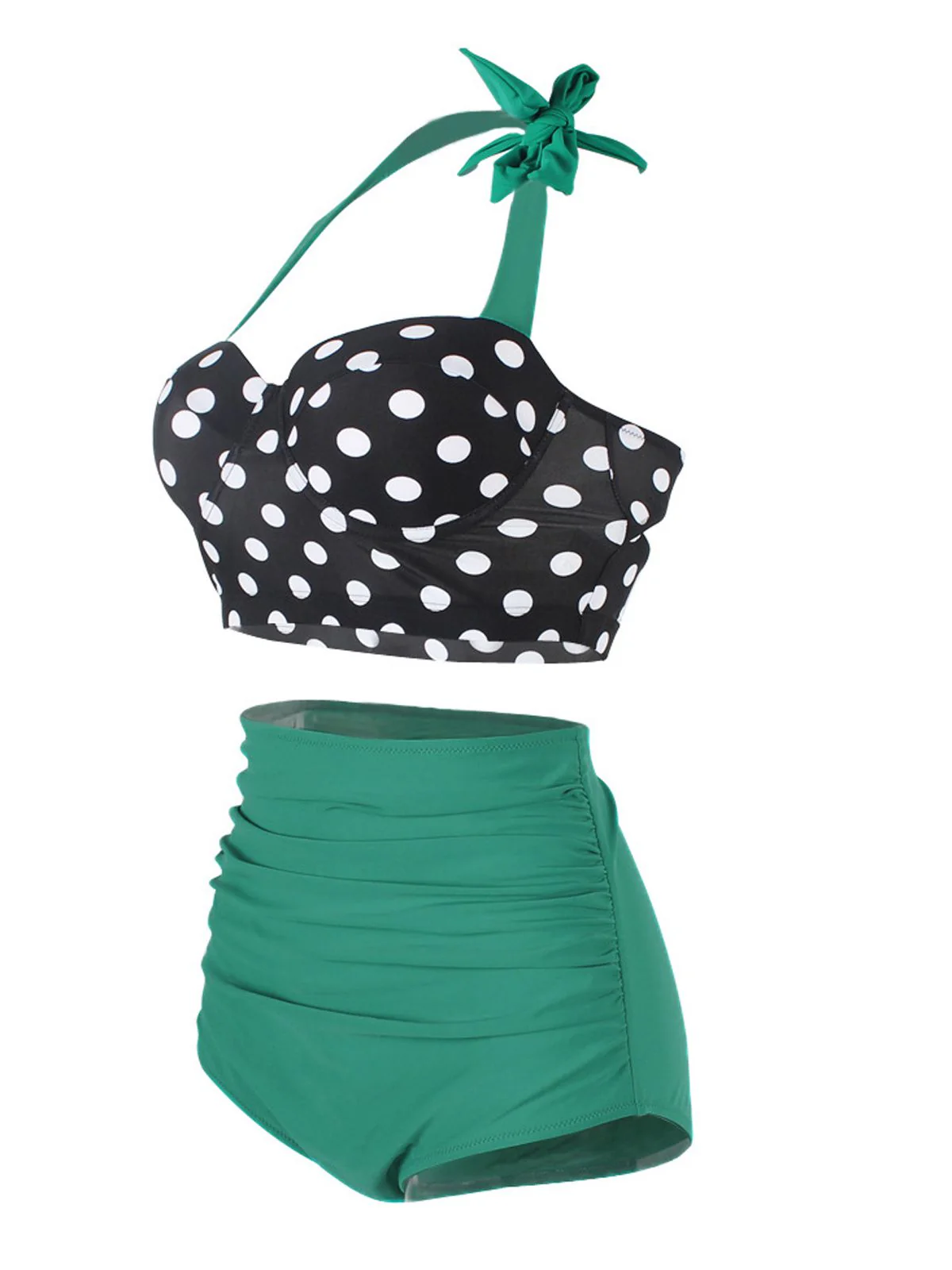 Gelb 1950er Polka Dot Neckholder Plissiert Bikini Set - Image 5