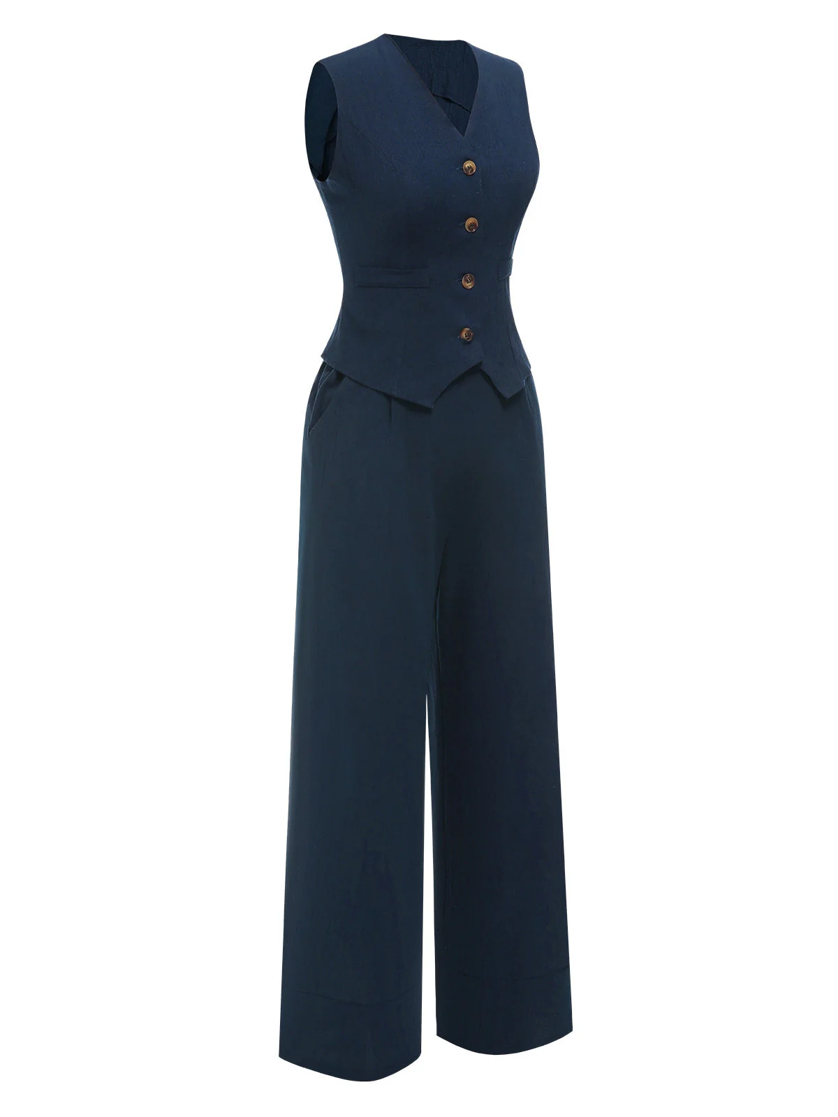 2PCS Dunkelblau 1960er Solide Ärmellos Blazer Suit - Image 4